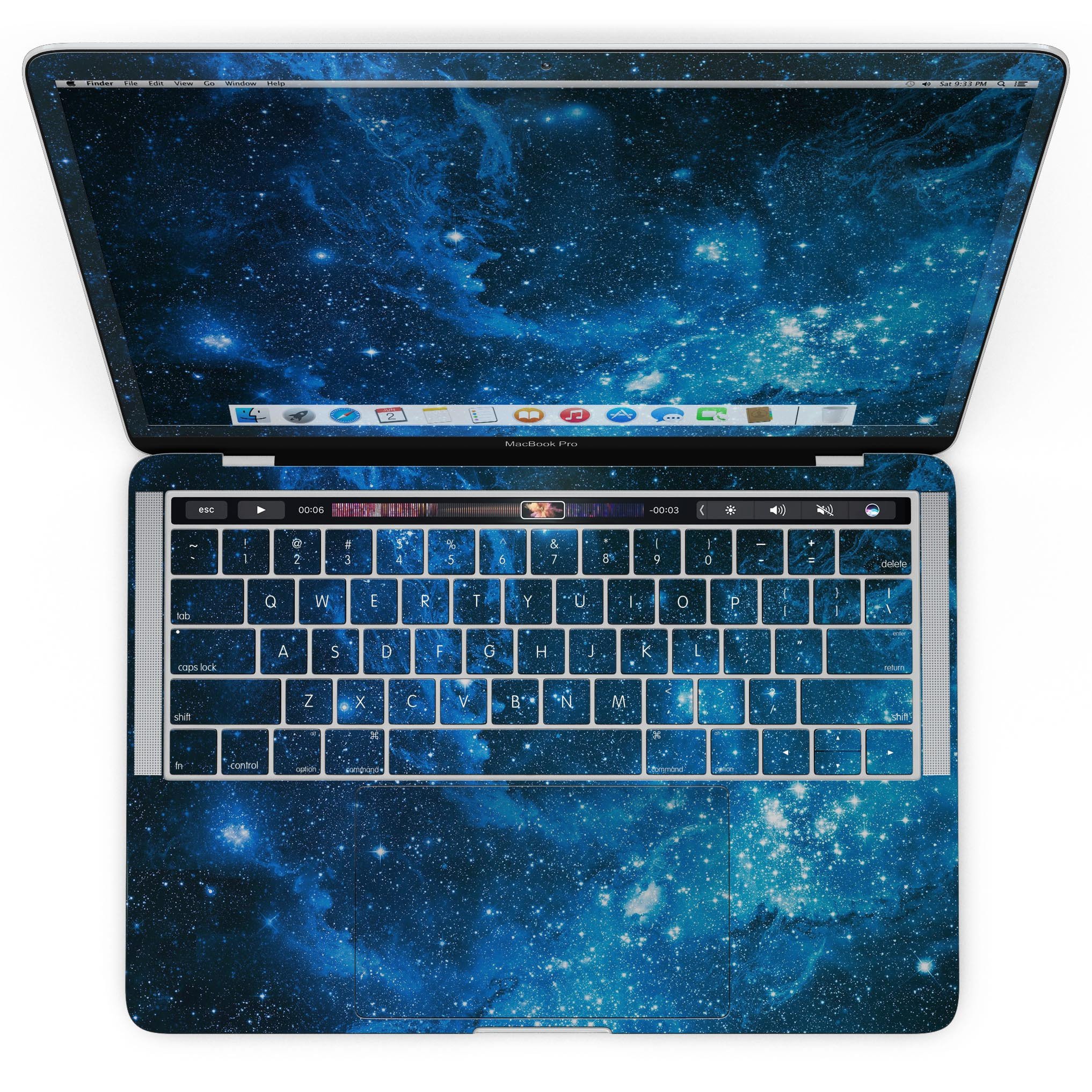 Blue Hue Nebula skin kit for MacBook Pro with Touch Bar, showcasing vibrant colors and sleek design.