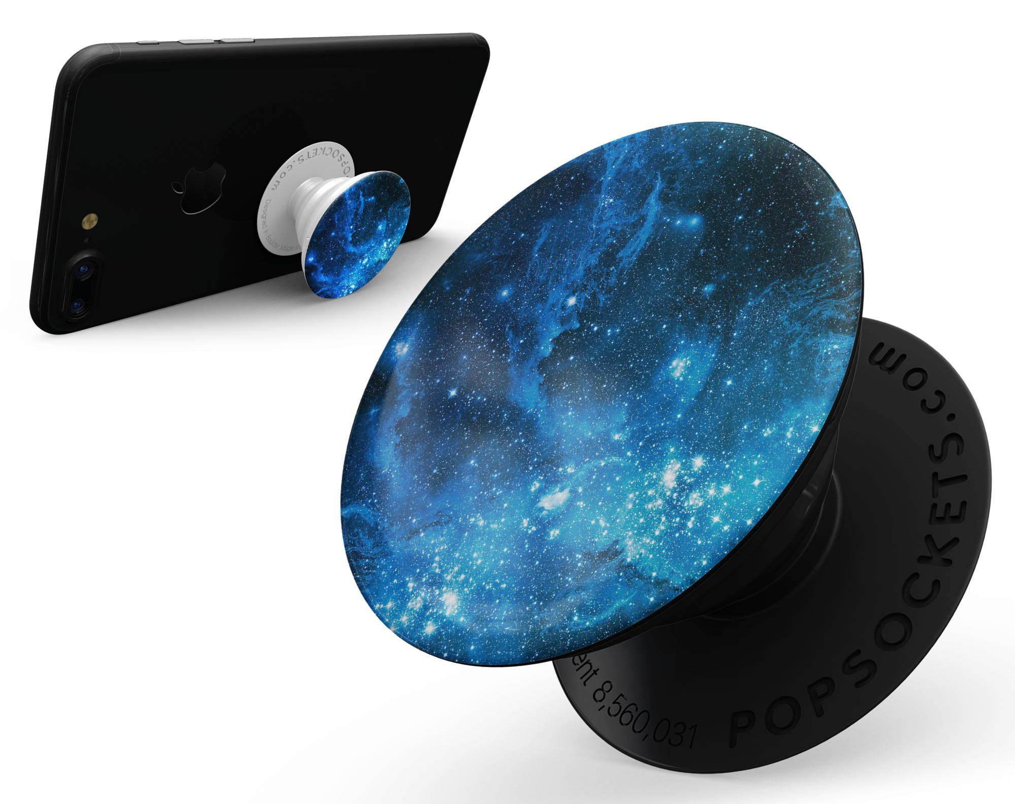 Blue Hue Nebula Skin Kit for PopSockets featuring vibrant blue nebula design on premium vinyl.