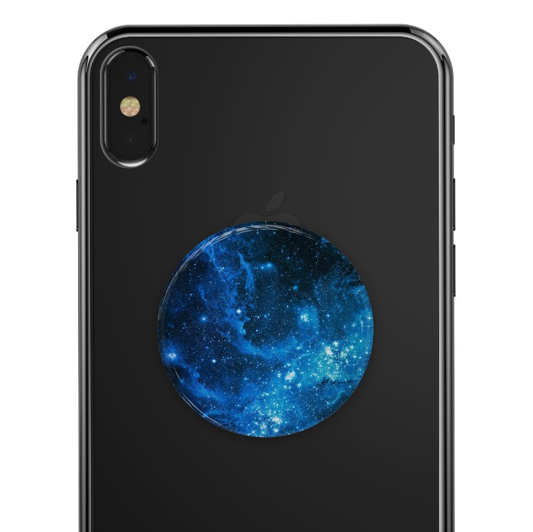 Blue Hue Nebula Skin Kit for PopSockets featuring vibrant blue nebula design on premium vinyl.