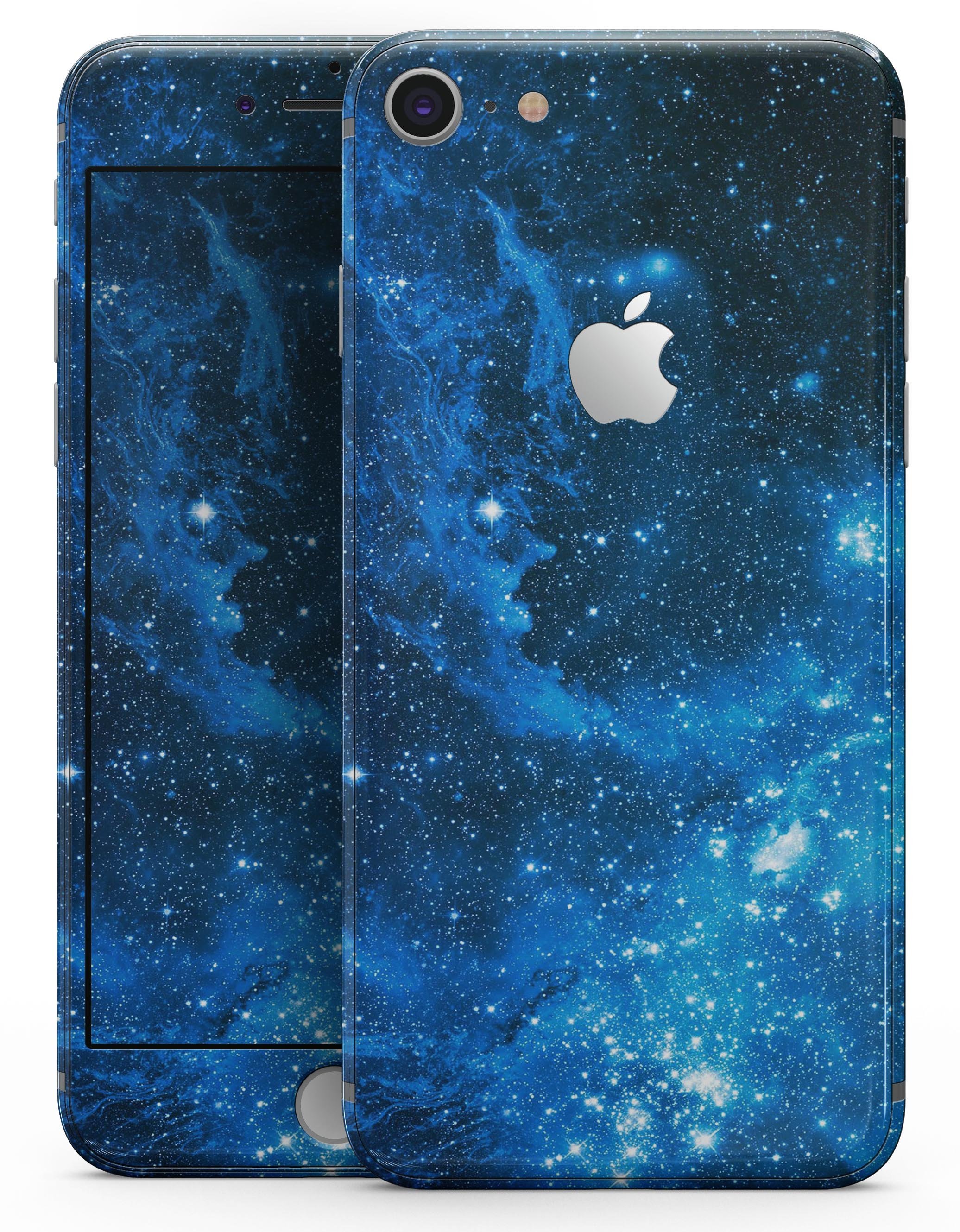 Blue Hue Nebula skin for iPhone 8 and 8 Plus, showcasing a vibrant design with a glossy finish.