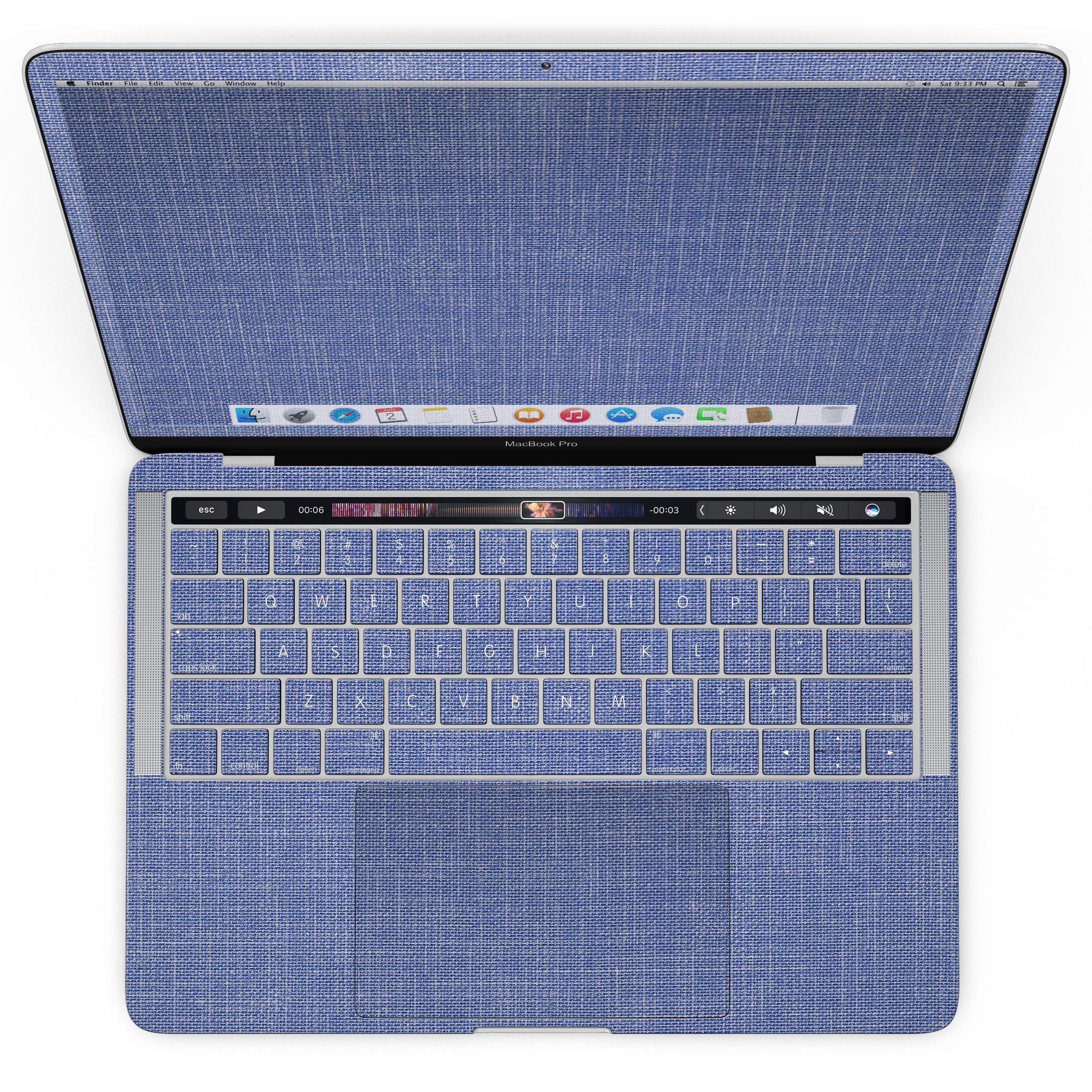 Blue Jean Overall Pattern skin for MacBook Pro with Touch Bar, showcasing a stylish denim design that fits perfectly on the device.