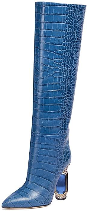 Stylish BLUE Jewel Boot with leather upper and pointed toe design, featuring a chunky 4-inch high heel.