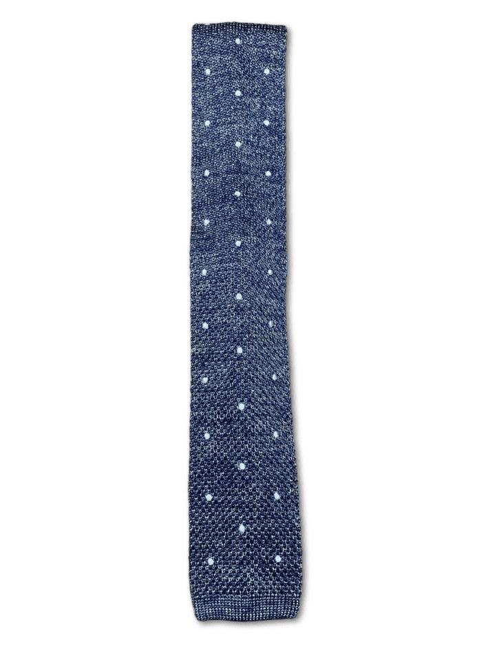 Blue marl knitted tie featuring white polka dots, made from silk with a square end design.