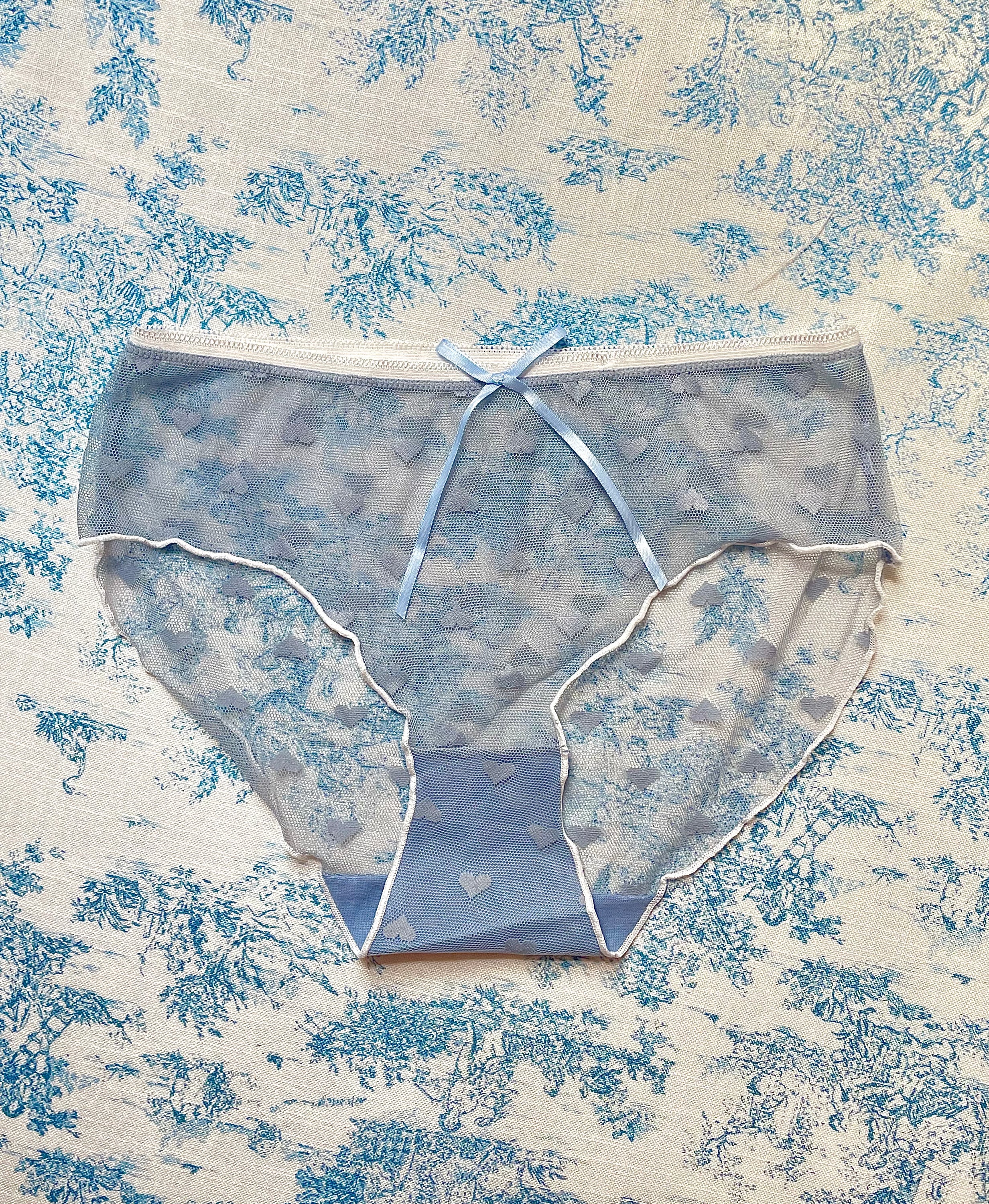 Blue Mesh Heart Panty featuring delicate mesh, heart designs, and a sweet bow detail.