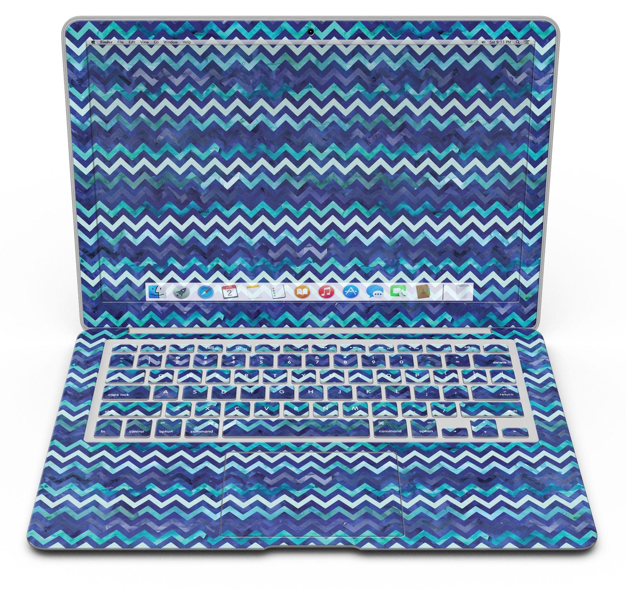 Blue Multi Watercolor Chevron skin for MacBook Air, showcasing vibrant colors and artistic design.