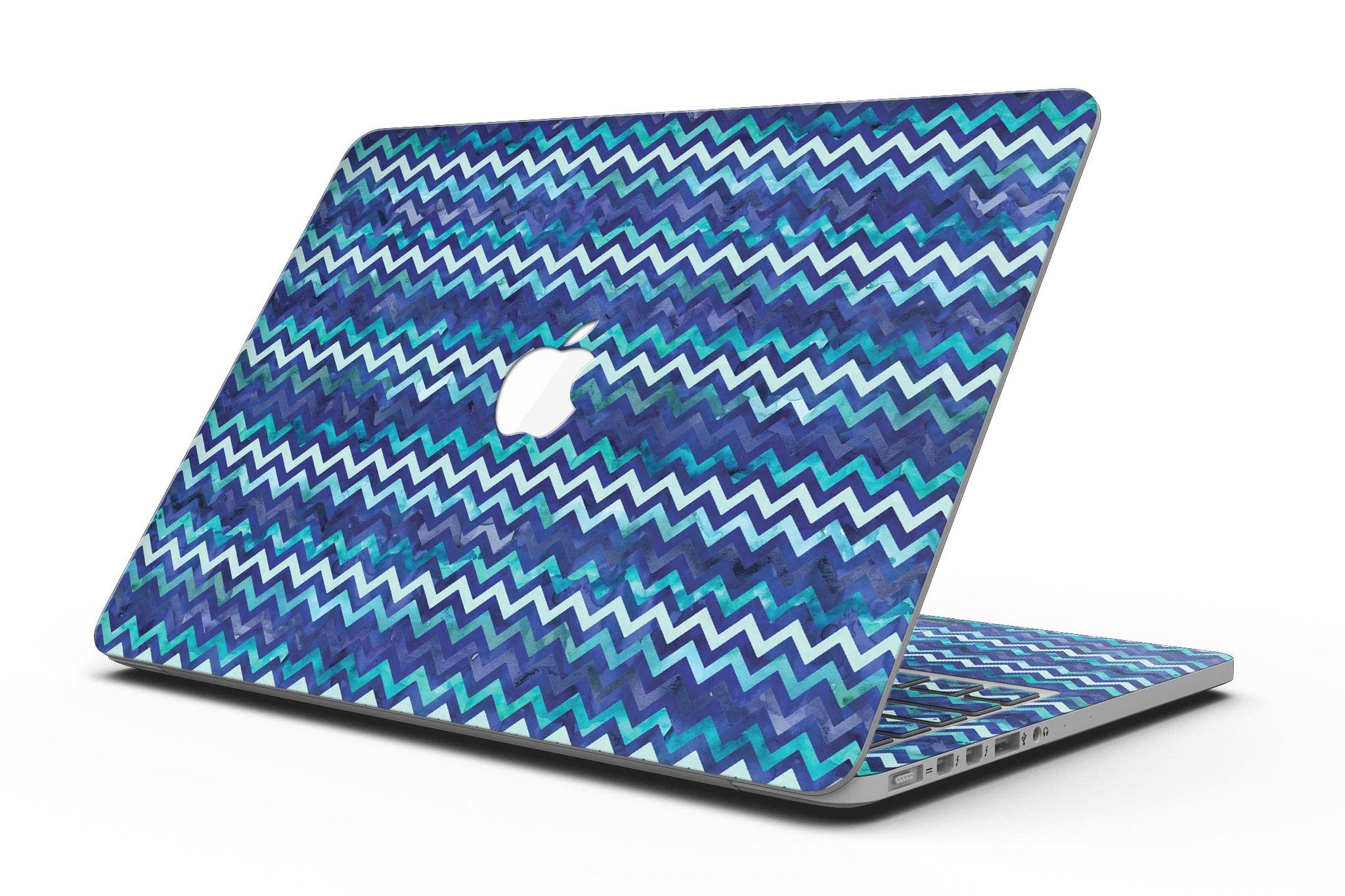 Blue Multi Watercolor Chevron skin for MacBook Pro with Retina Display, showcasing vibrant colors and a stylish chevron pattern.