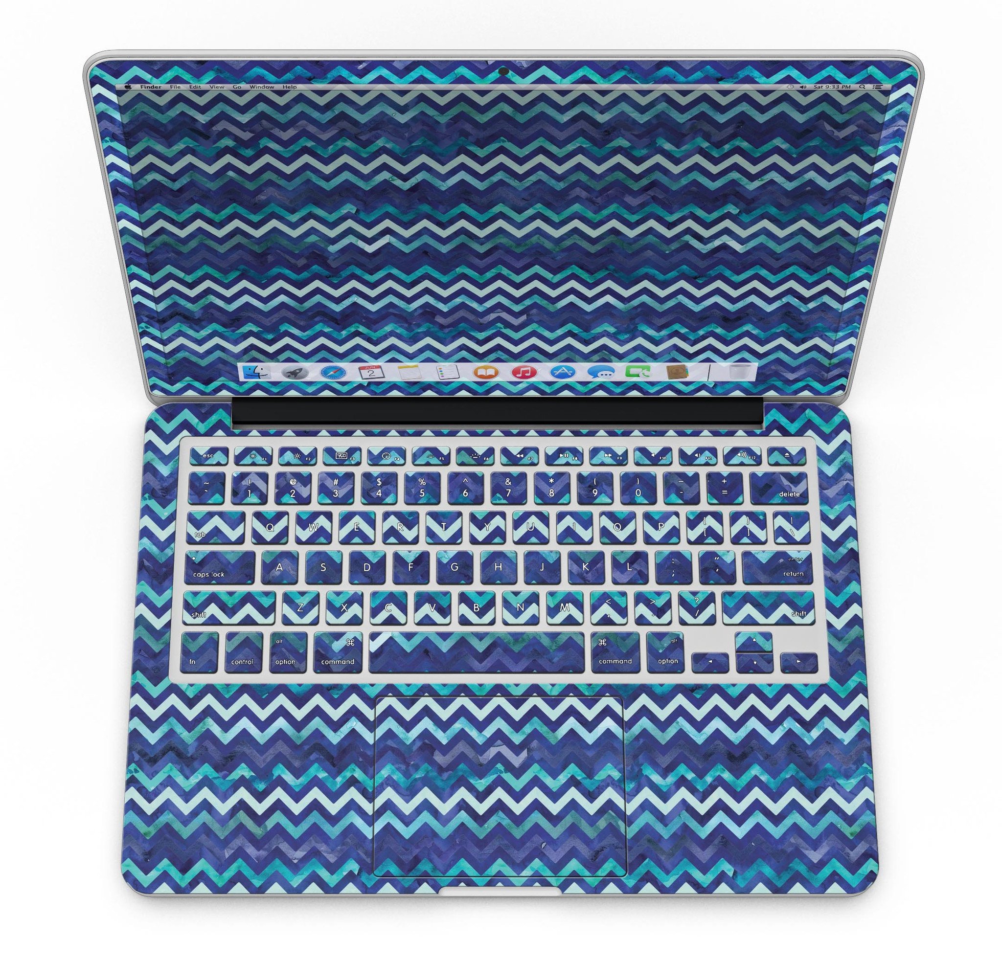 Blue Multi Watercolor Chevron skin for MacBook Pro with Retina Display, showcasing vibrant colors and a stylish chevron pattern.