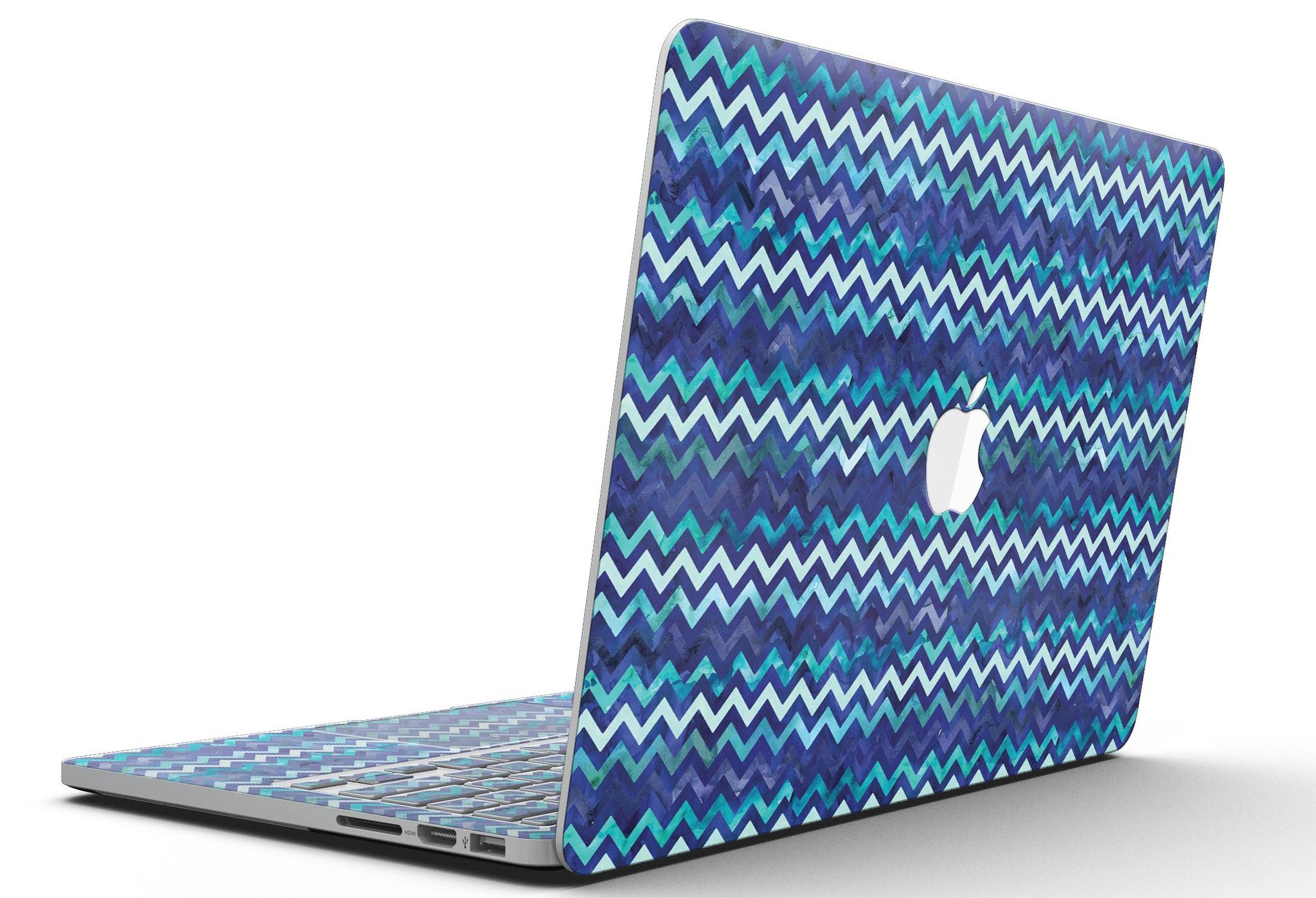 Blue Multi Watercolor Chevron skin for MacBook Pro with Retina Display, showcasing vibrant colors and a stylish chevron pattern.