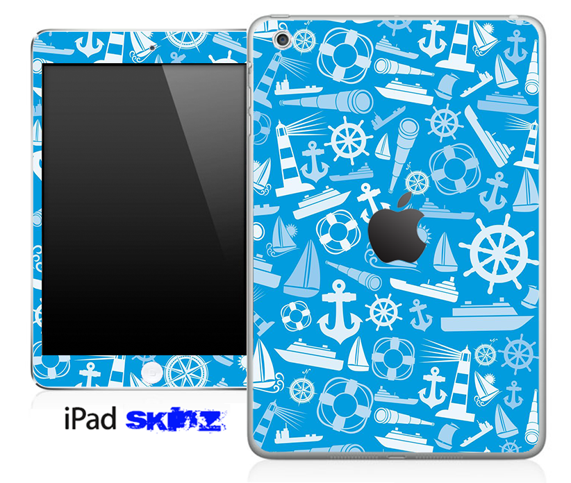 Blue Nautical Collage Skin for iPad Mini, featuring a vibrant nautical design with waves and anchors.