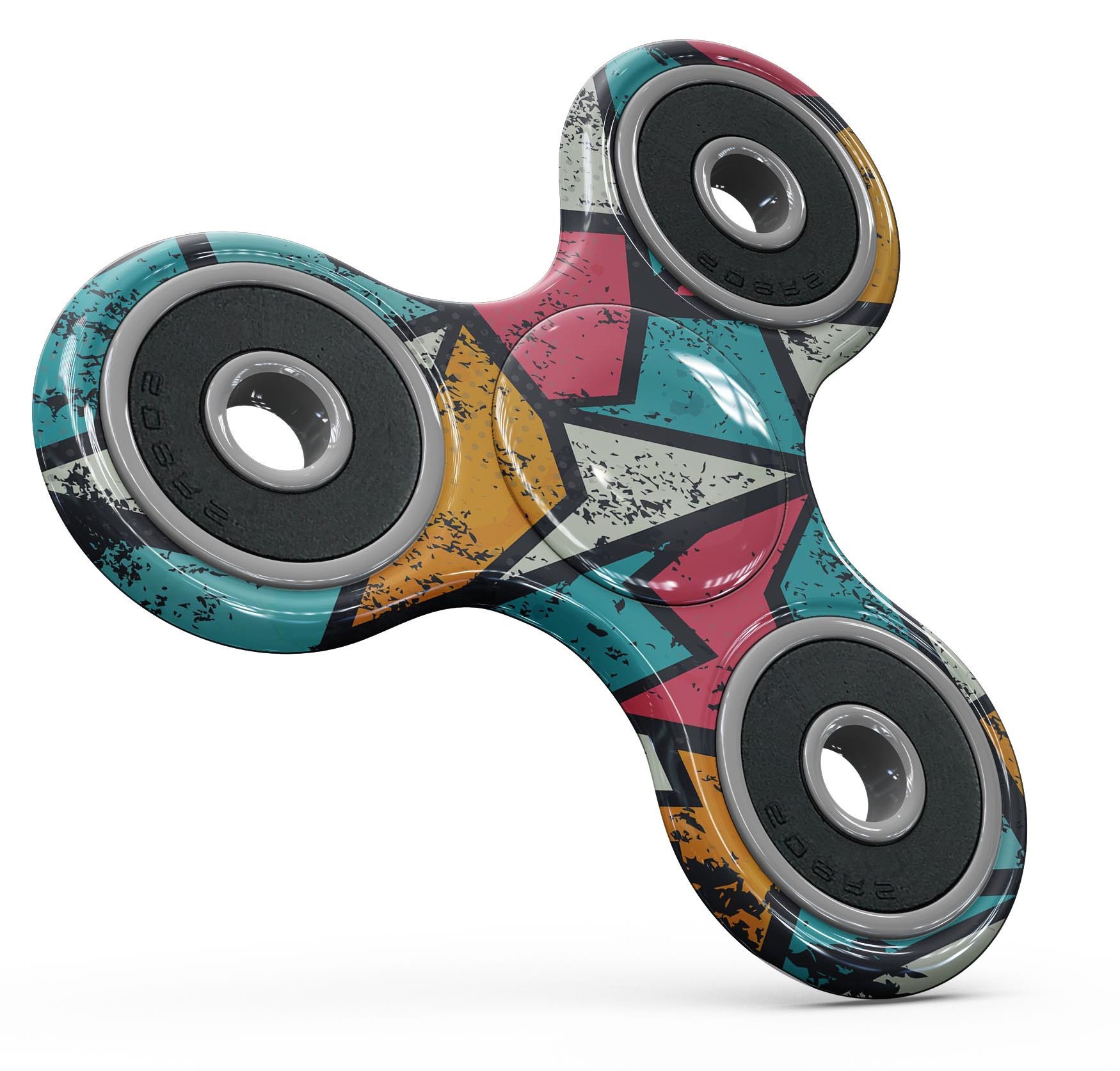 Blue, orange, and red zig-zag patterned skin kit for fidget spinner, showcasing vibrant colors and a stylish design.