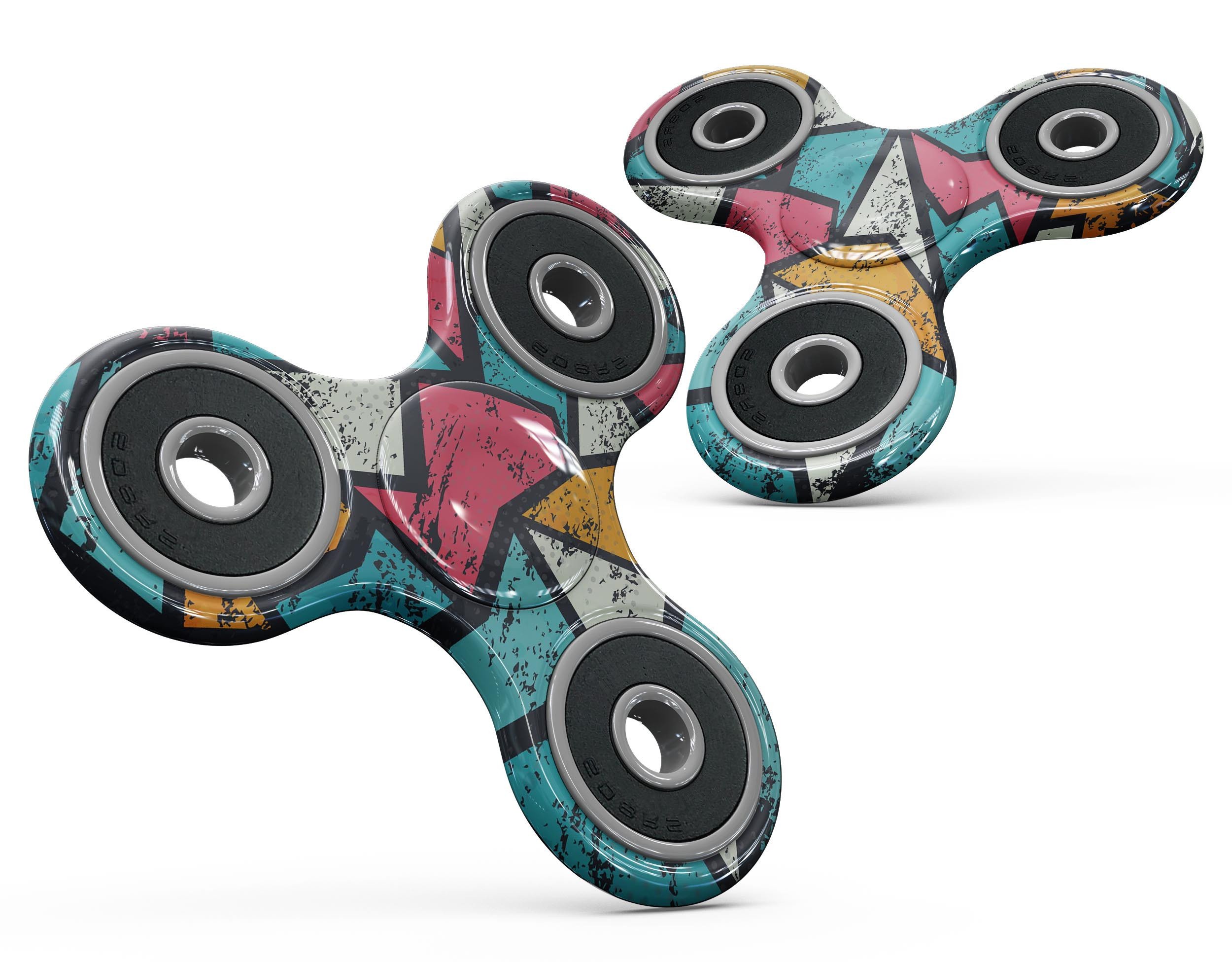 Blue, orange, and red zig-zag patterned skin kit for fidget spinner, showcasing vibrant colors and a stylish design.