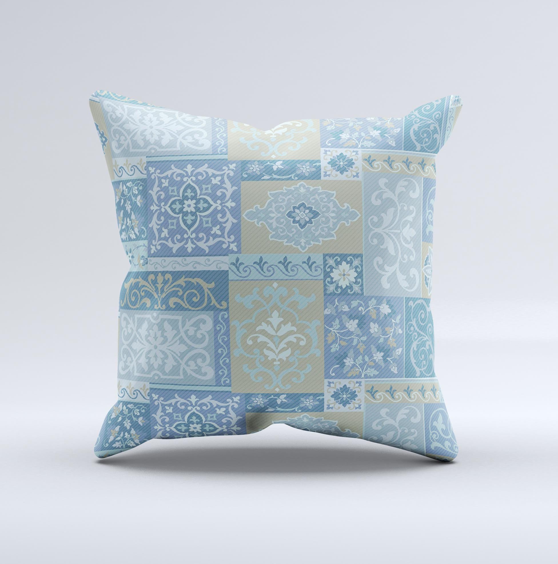 A beautifully handcrafted Blue Patched Paisley Pattern ink-Fuzed Decorative Throw Pillow showcasing intricate designs and vibrant colors.