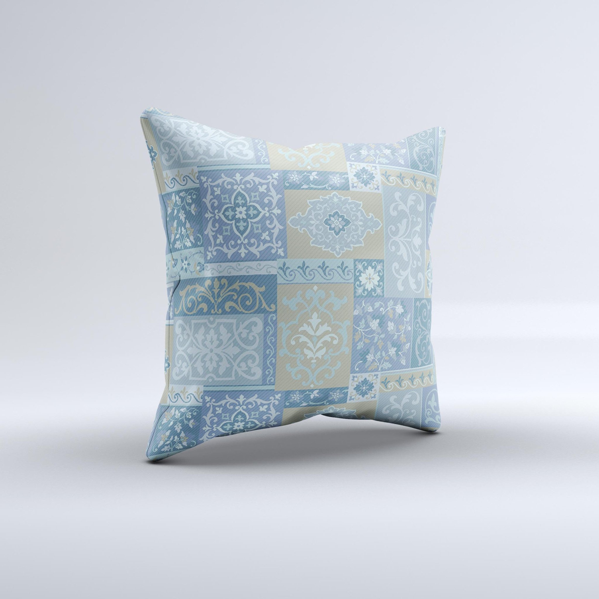 A beautifully handcrafted Blue Patched Paisley Pattern ink-Fuzed Decorative Throw Pillow showcasing intricate designs and vibrant colors.