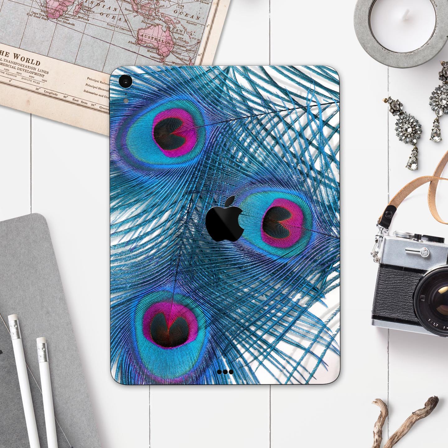 Blue Peacock full body skin decal for Apple iPad Pro, showcasing vibrant colors and premium 3M material for protection.