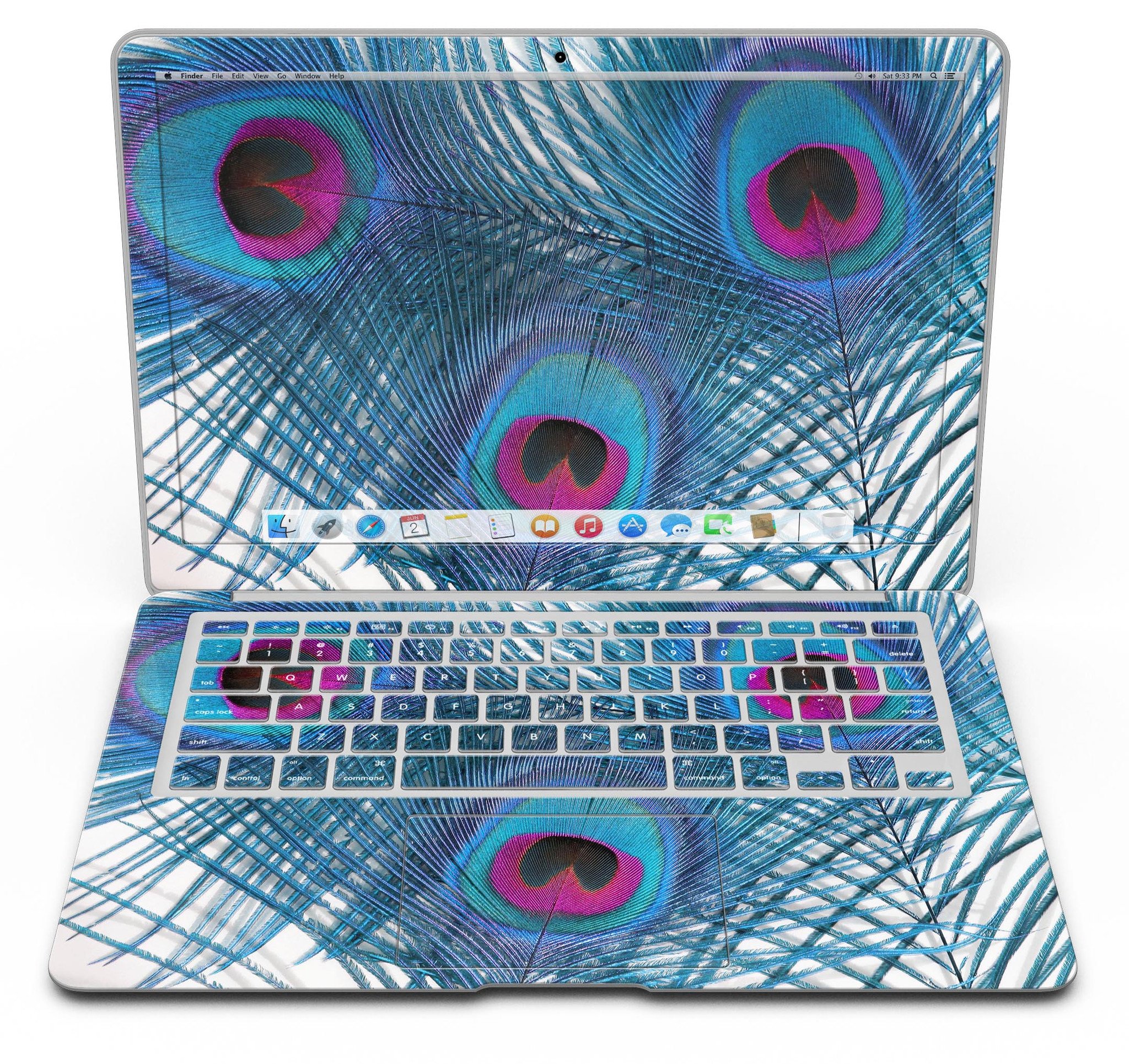 Blue Peacock MacBook Air Skin Kit showcasing vibrant peacock design on premium vinyl.