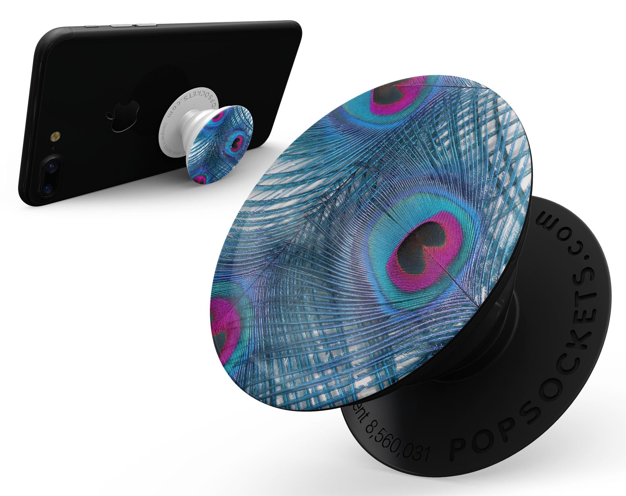 Blue Peacock Skin Kit for PopSockets featuring vibrant peacock design on premium vinyl material.