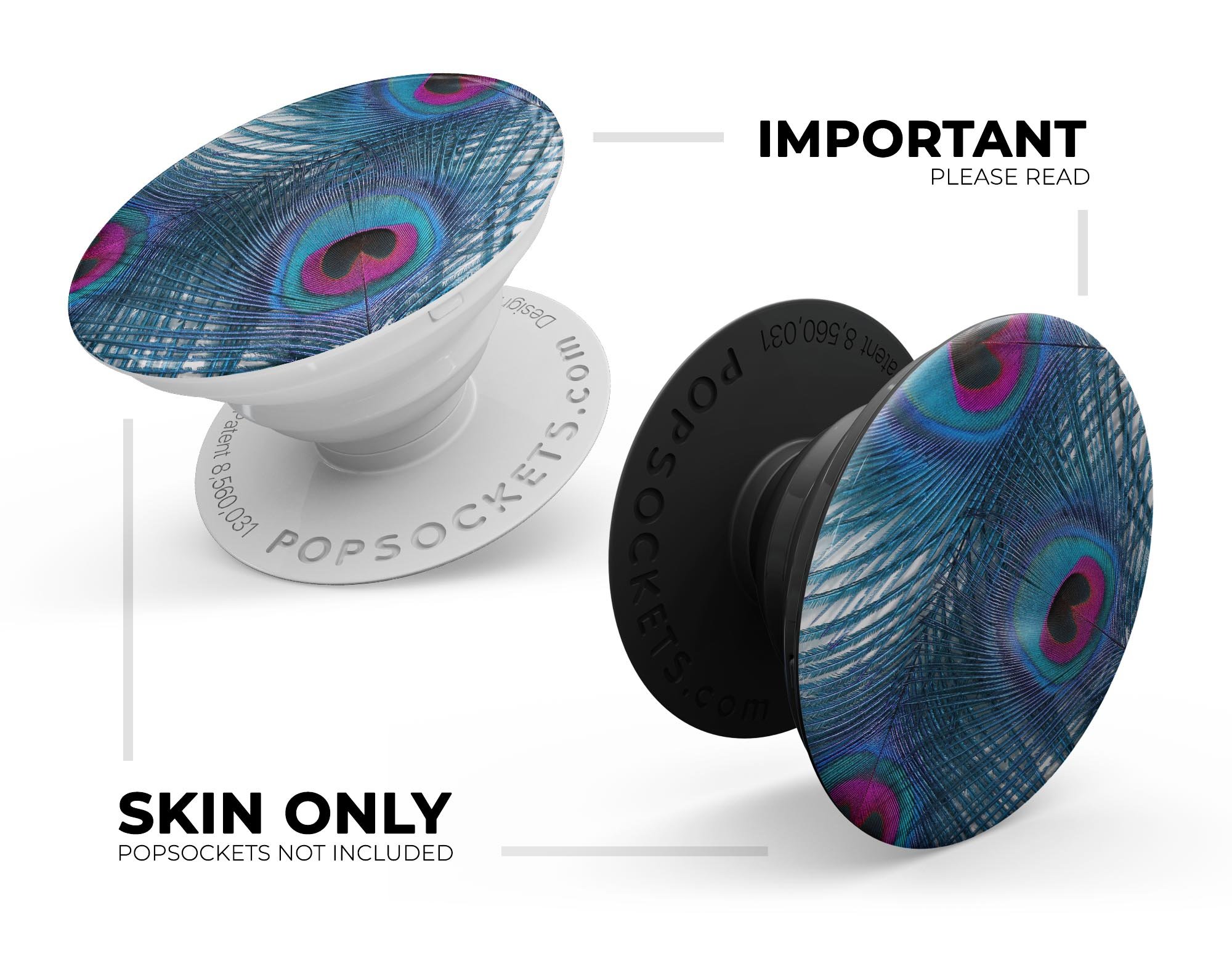 Blue Peacock Skin Kit for PopSockets featuring vibrant peacock design on premium vinyl material.