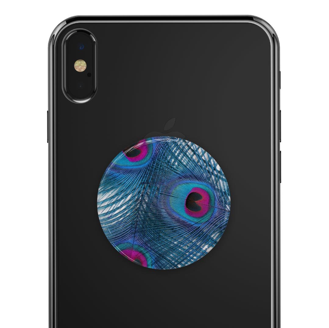 Blue Peacock Skin Kit for PopSockets featuring vibrant peacock design on premium vinyl material.