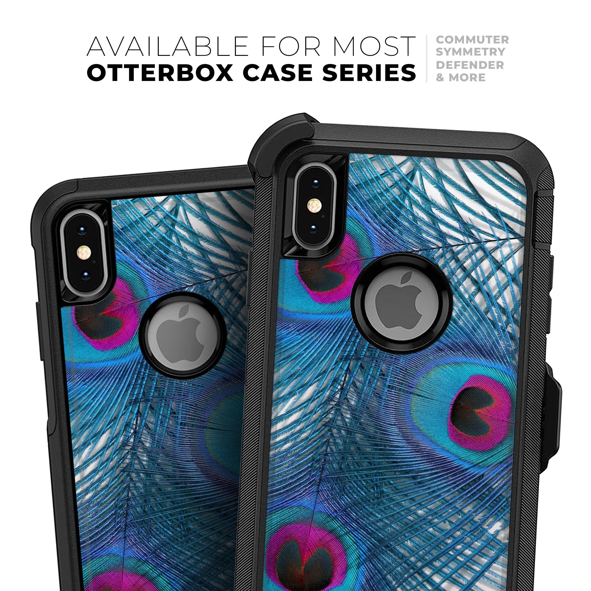 Blue Peacock Skin Kit designed for iPhone OtterBox Cases, featuring a vibrant peacock design and ultra-thin protection.