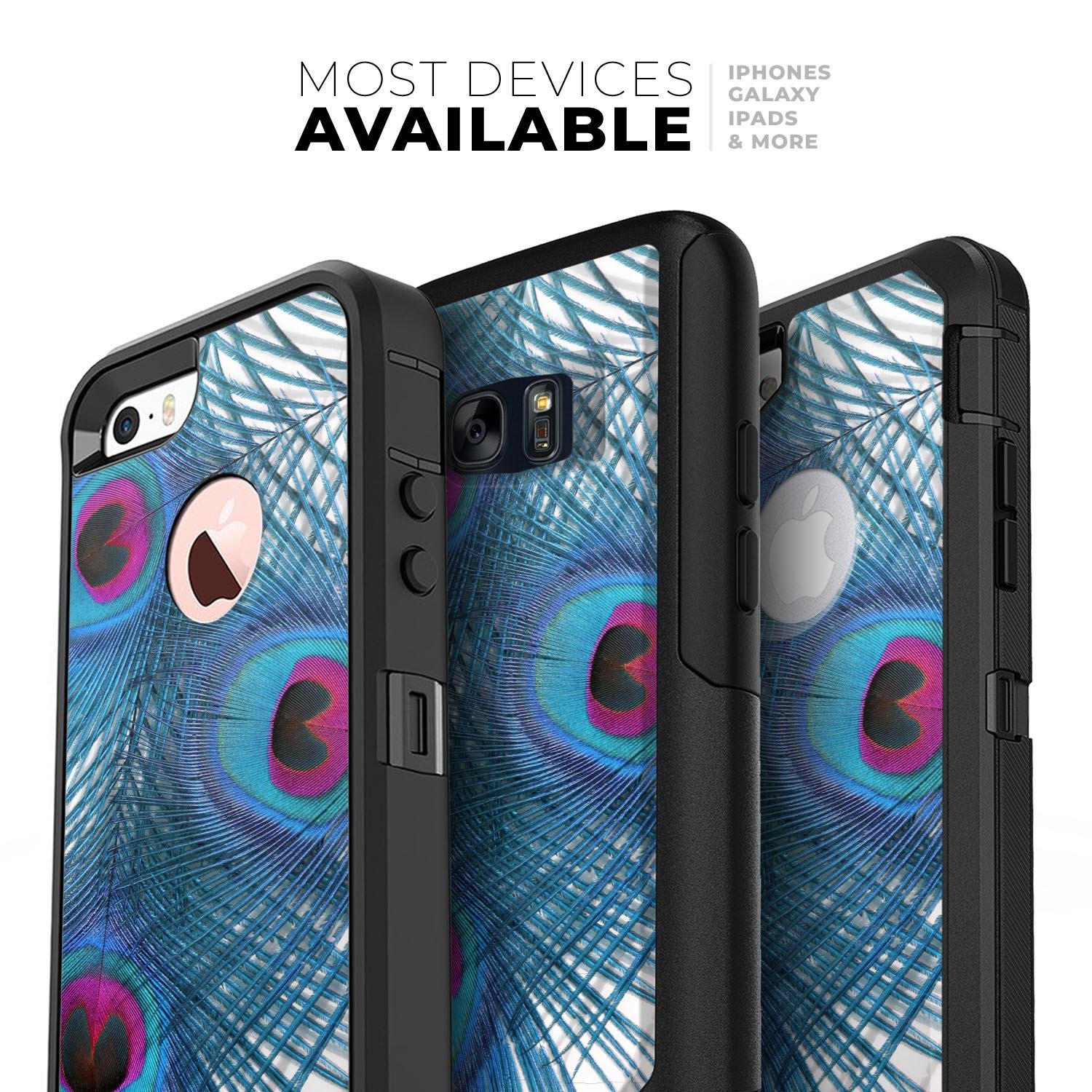 Blue Peacock Skin Kit designed for iPhone OtterBox Cases, featuring a vibrant peacock design and ultra-thin protection.