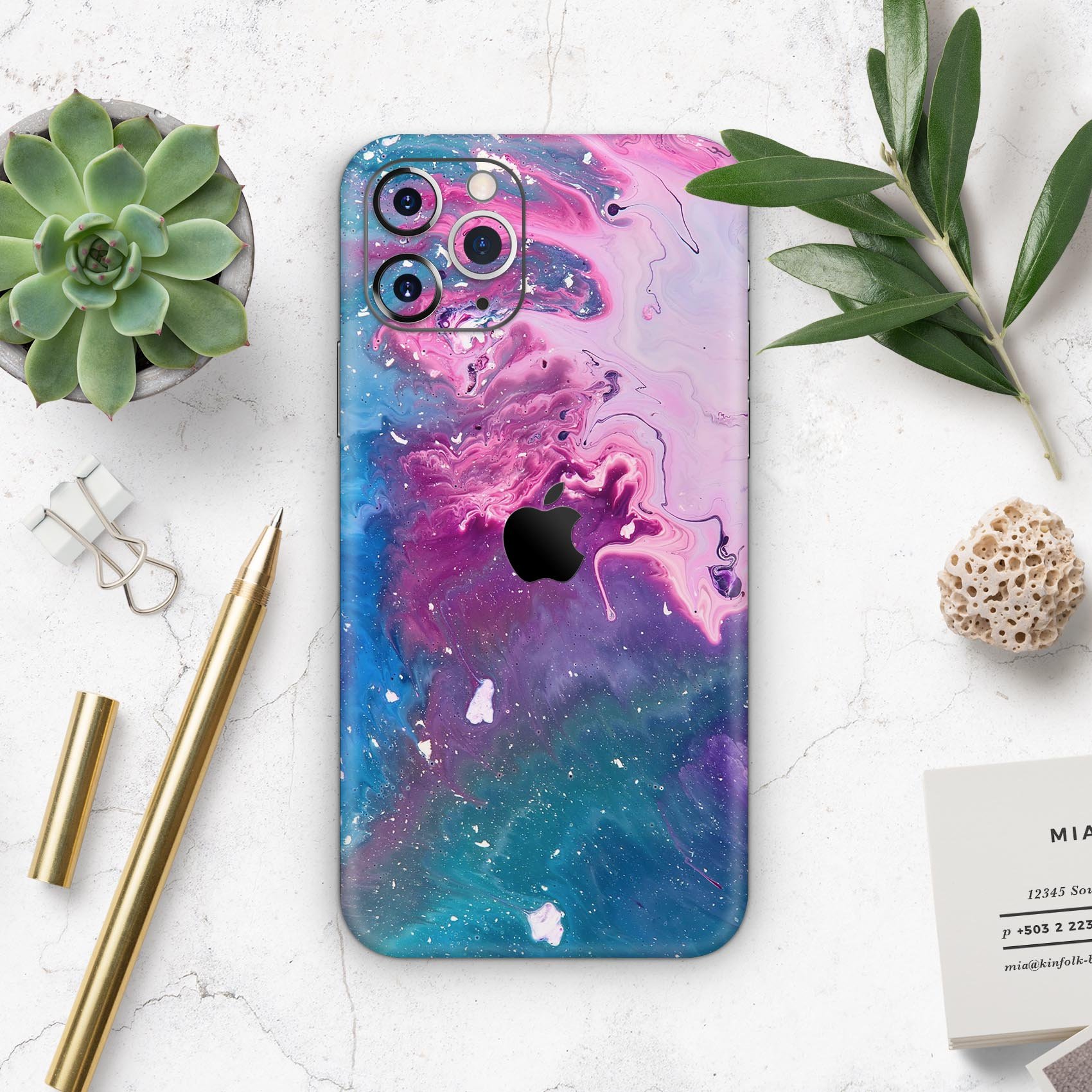 Blue and pink acrylic abstract paint skin for iPhone 11, showcasing vibrant colors and artistic design.