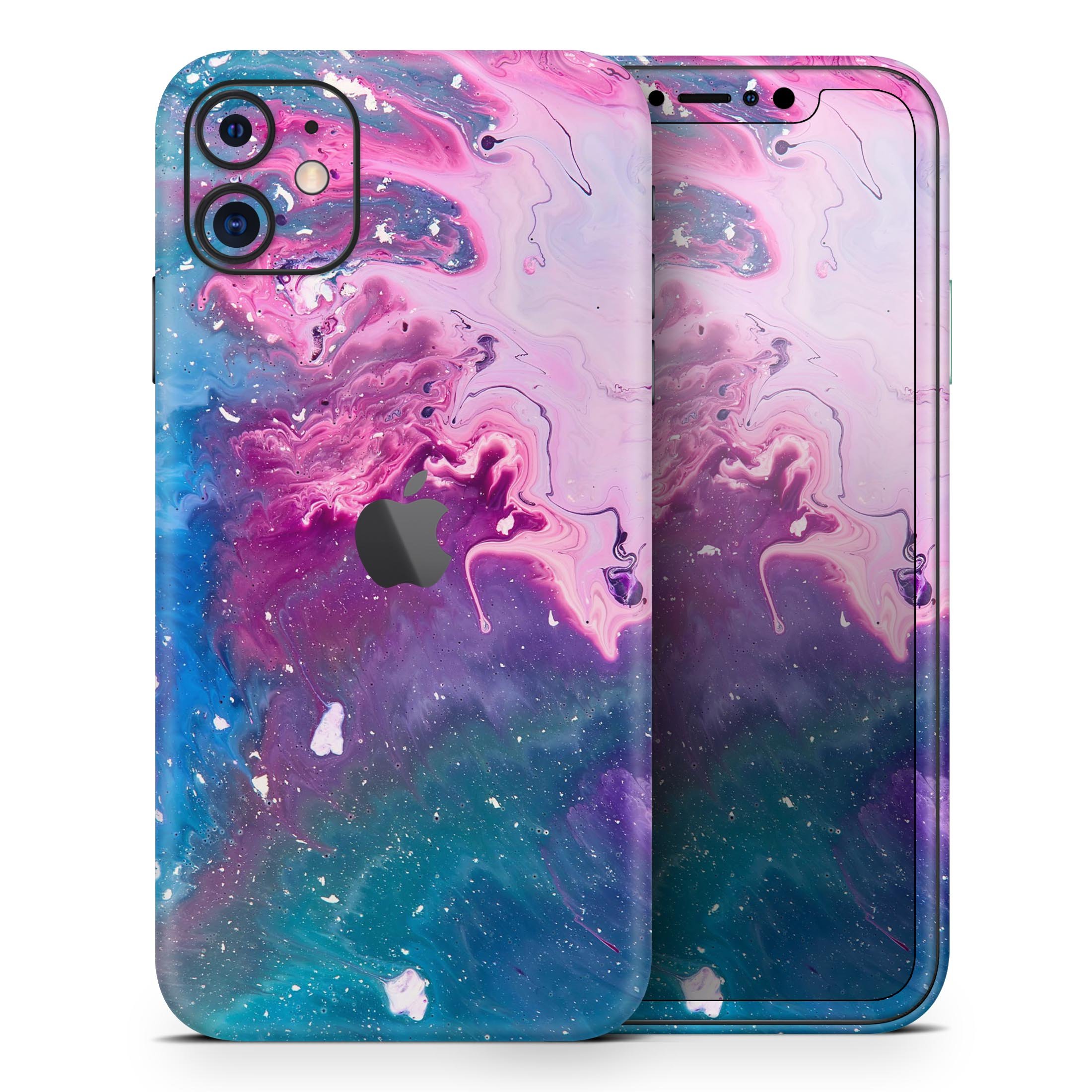 Blue and pink acrylic abstract paint skin for iPhone 11, showcasing vibrant colors and artistic design.