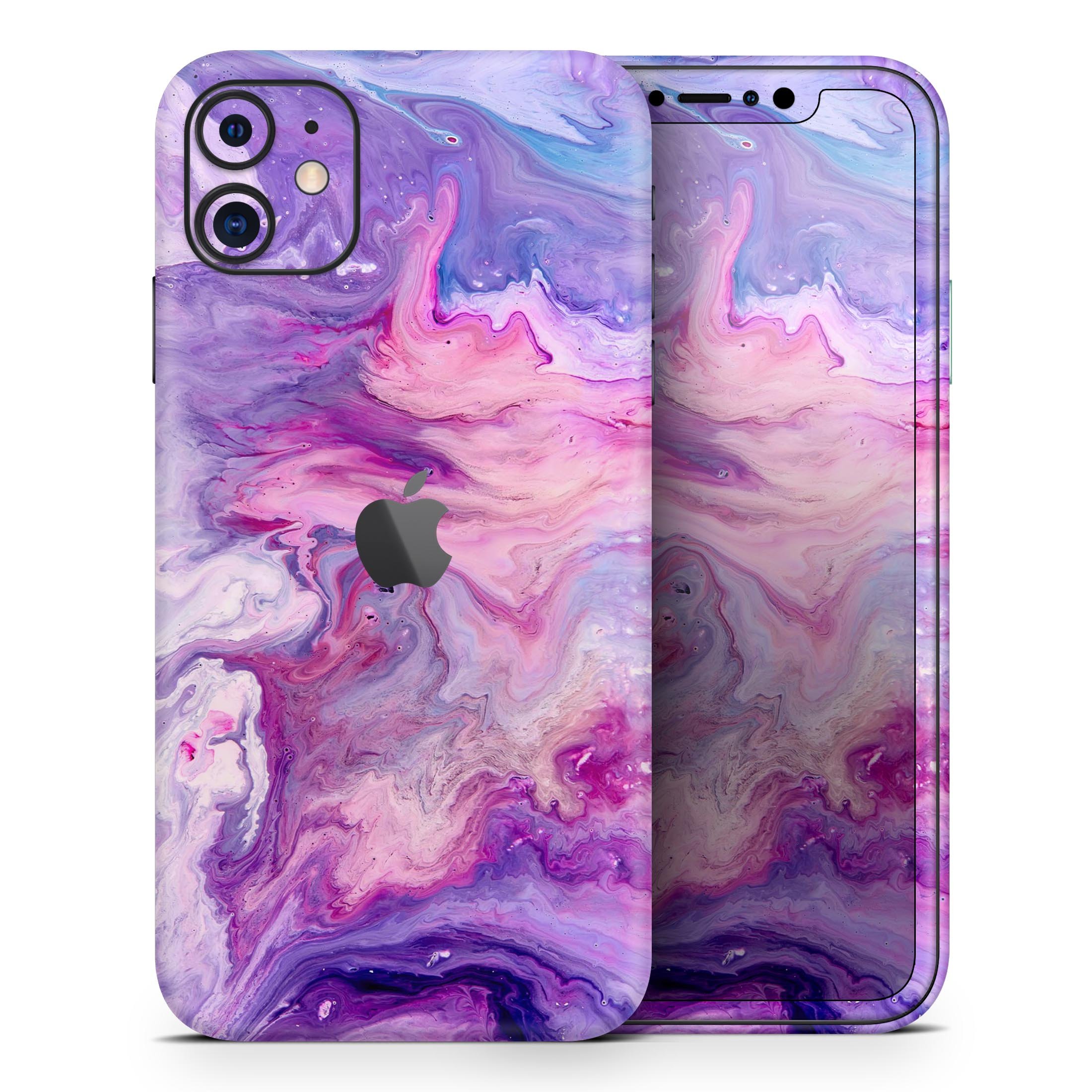 Blue and pink abstract acrylic skin for iPhone 11, showcasing vibrant colors and a sleek design.