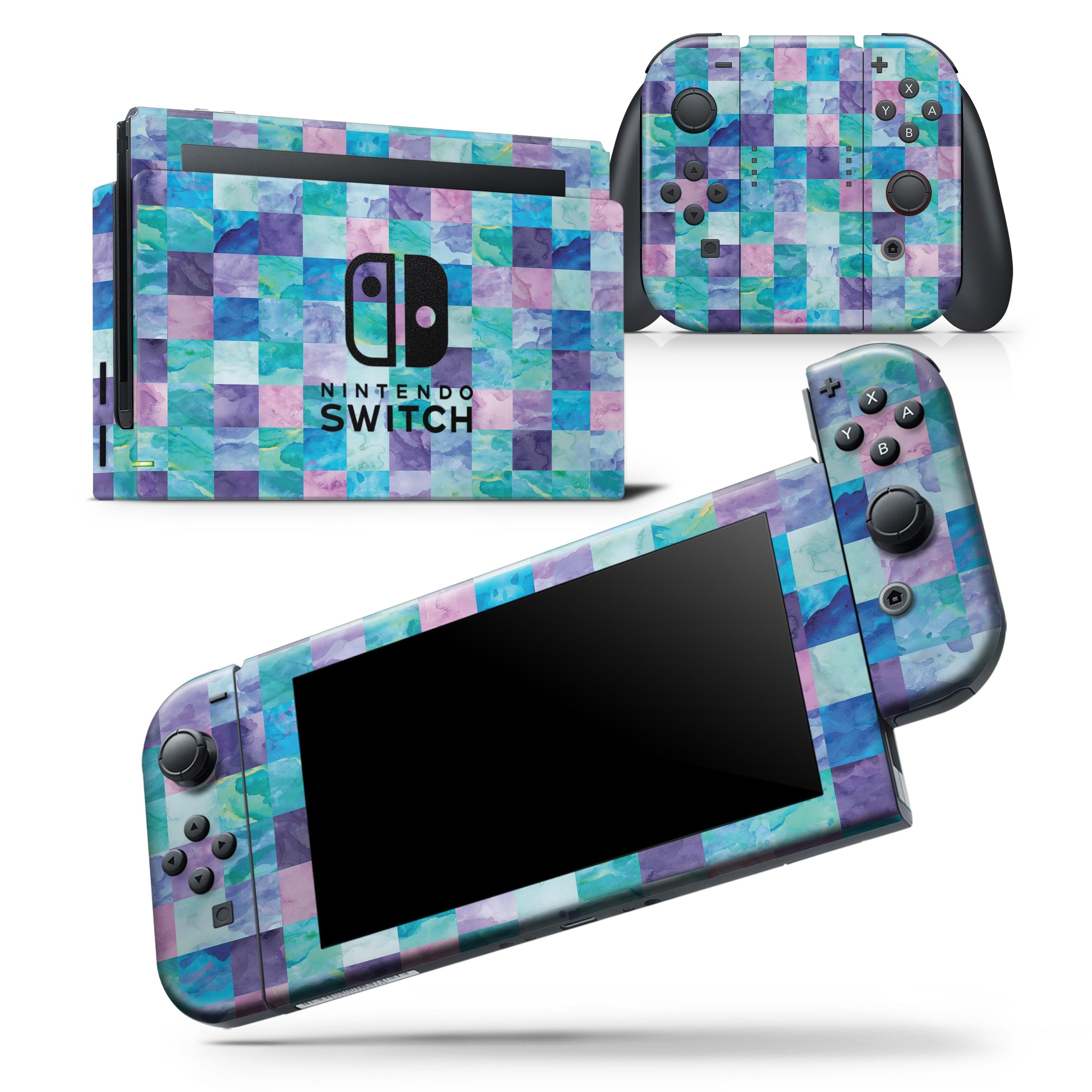 Blue Pink and Purple Watercolor Patchwork skin wrap decal for Nintendo Switch, showcasing vibrant colors and a stylish design.