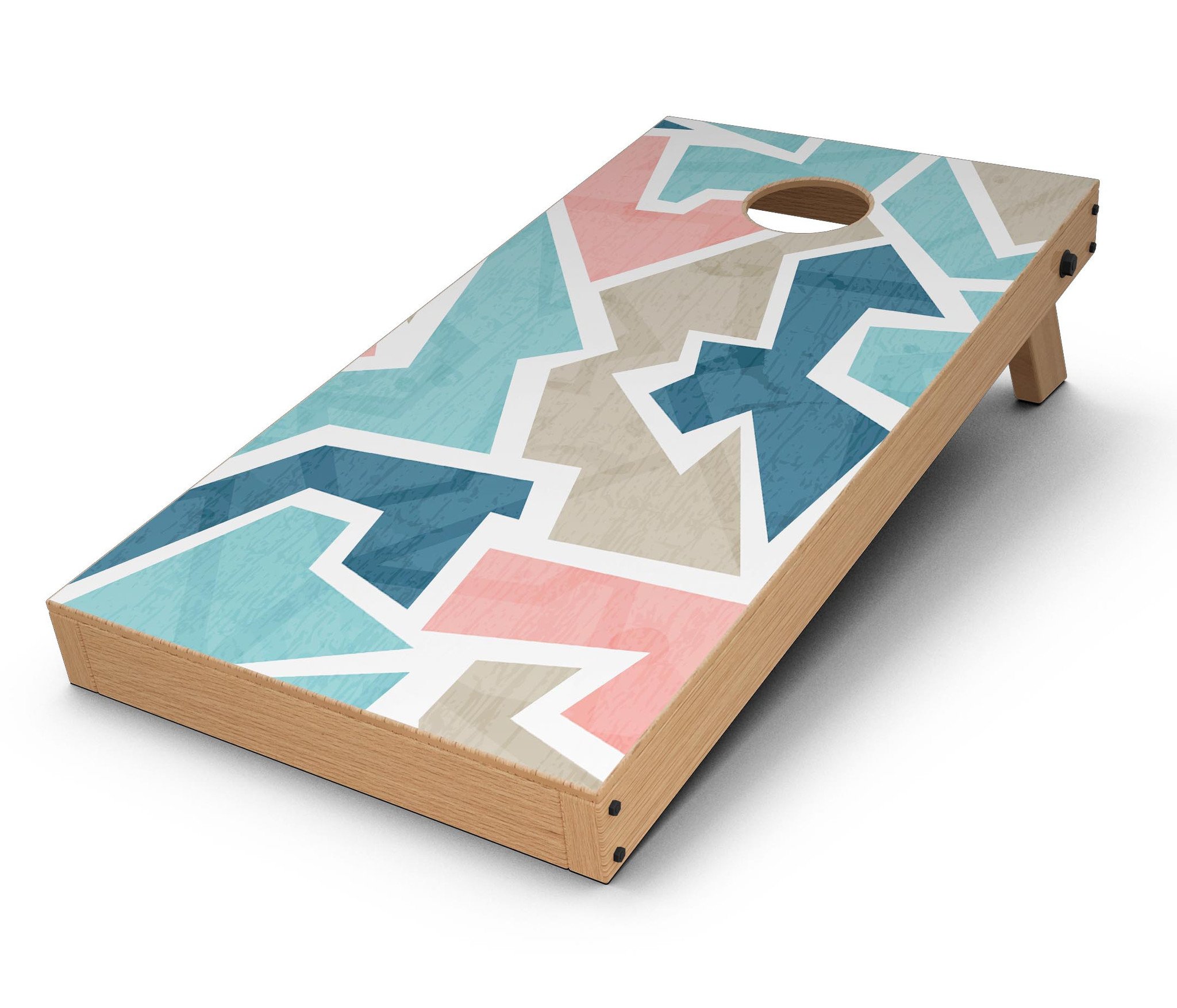 Blue, Pink, and Tan Sections CornHole Board Skin Decal Kit displayed on a wooden surface, showcasing vibrant colors and design.