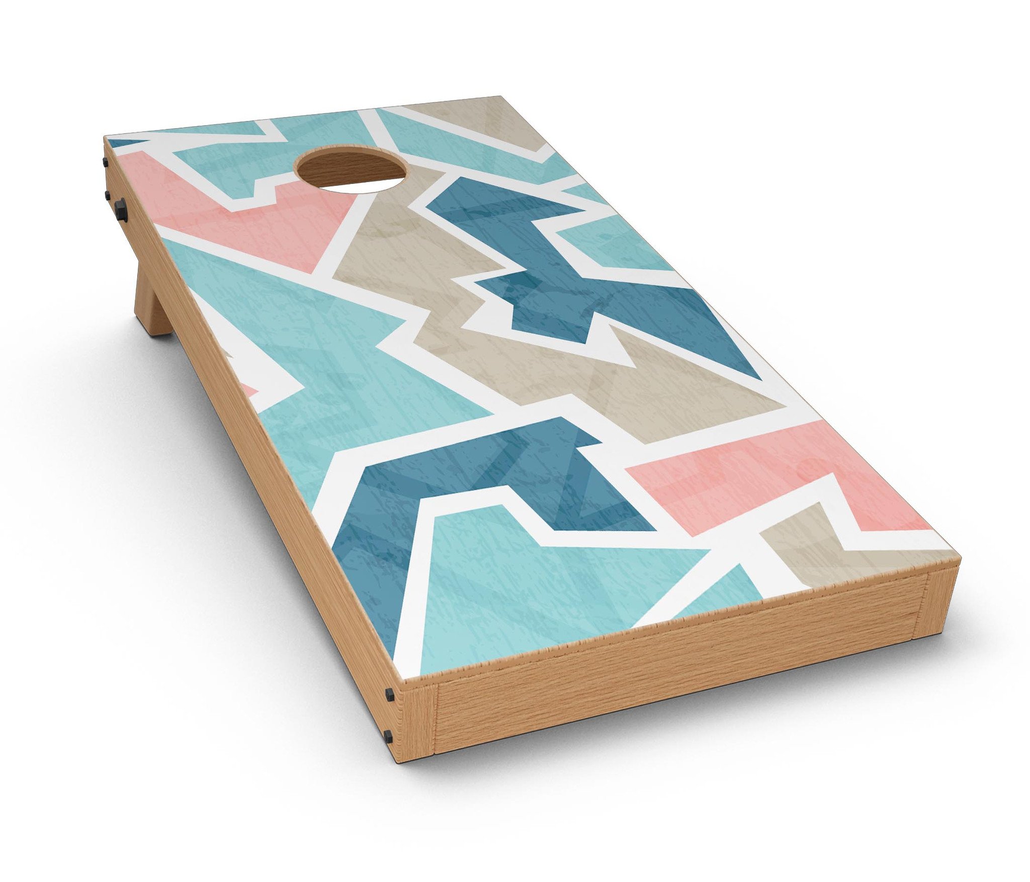 Blue, Pink, and Tan Sections CornHole Board Skin Decal Kit displayed on a wooden surface, showcasing vibrant colors and design.