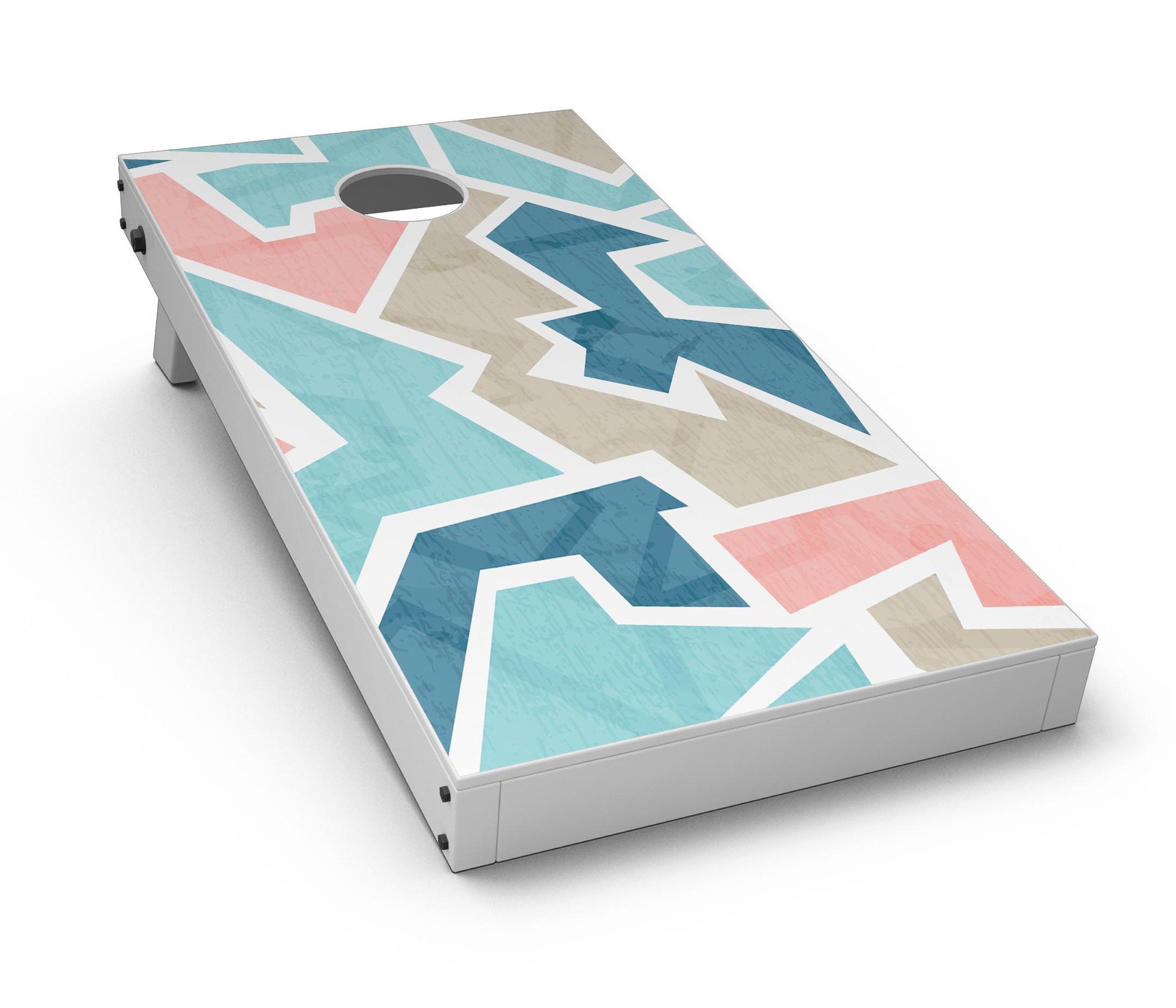 Blue, Pink, and Tan Sections CornHole Board Skin Decal Kit displayed on a wooden surface, showcasing vibrant colors and design.