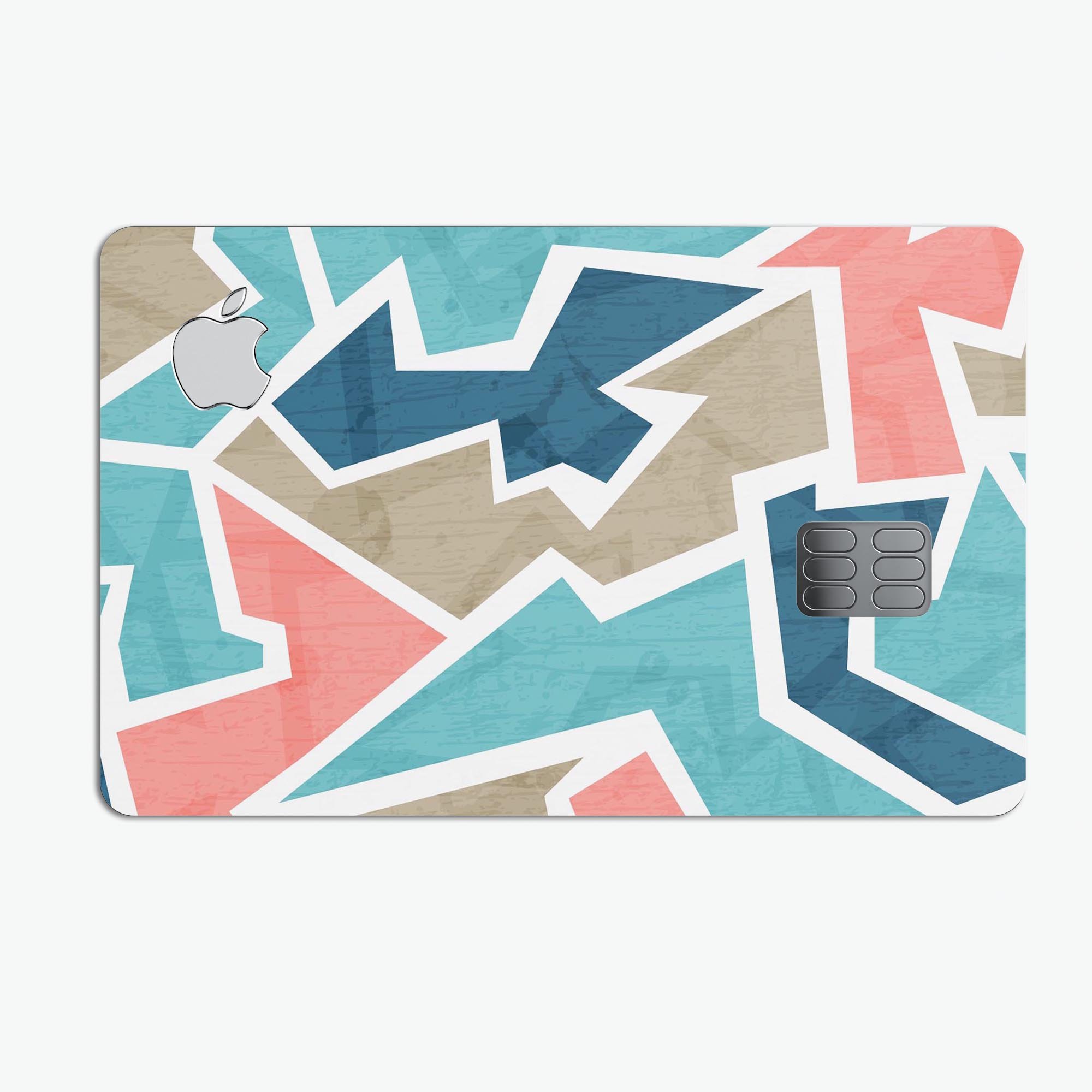 Premium protective decal skin-kit for Apple Card in blue, pink, and tan sections, showcasing its stylish design and high-quality finish.