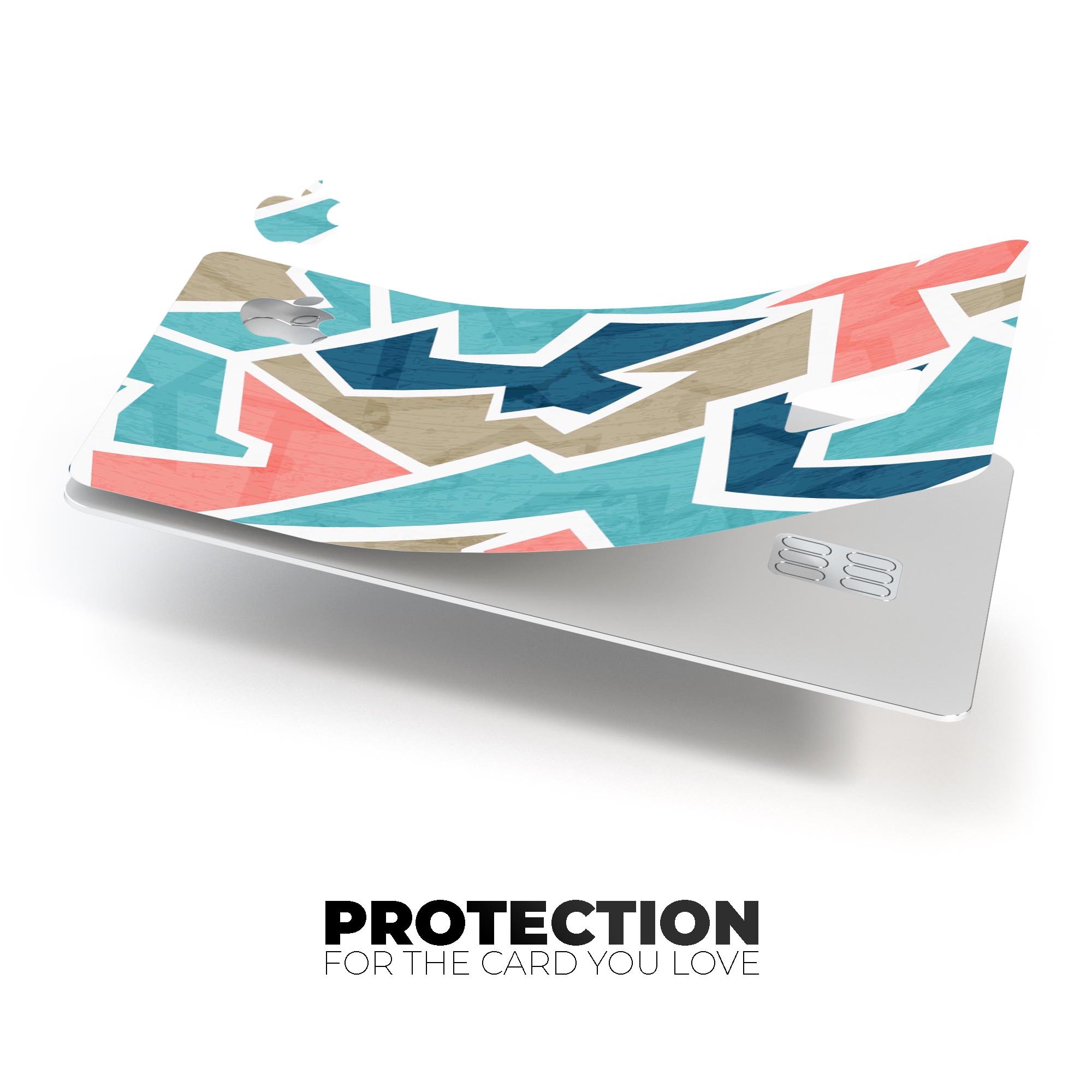 Premium protective decal skin-kit for Apple Card in blue, pink, and tan sections, showcasing its stylish design and high-quality finish.