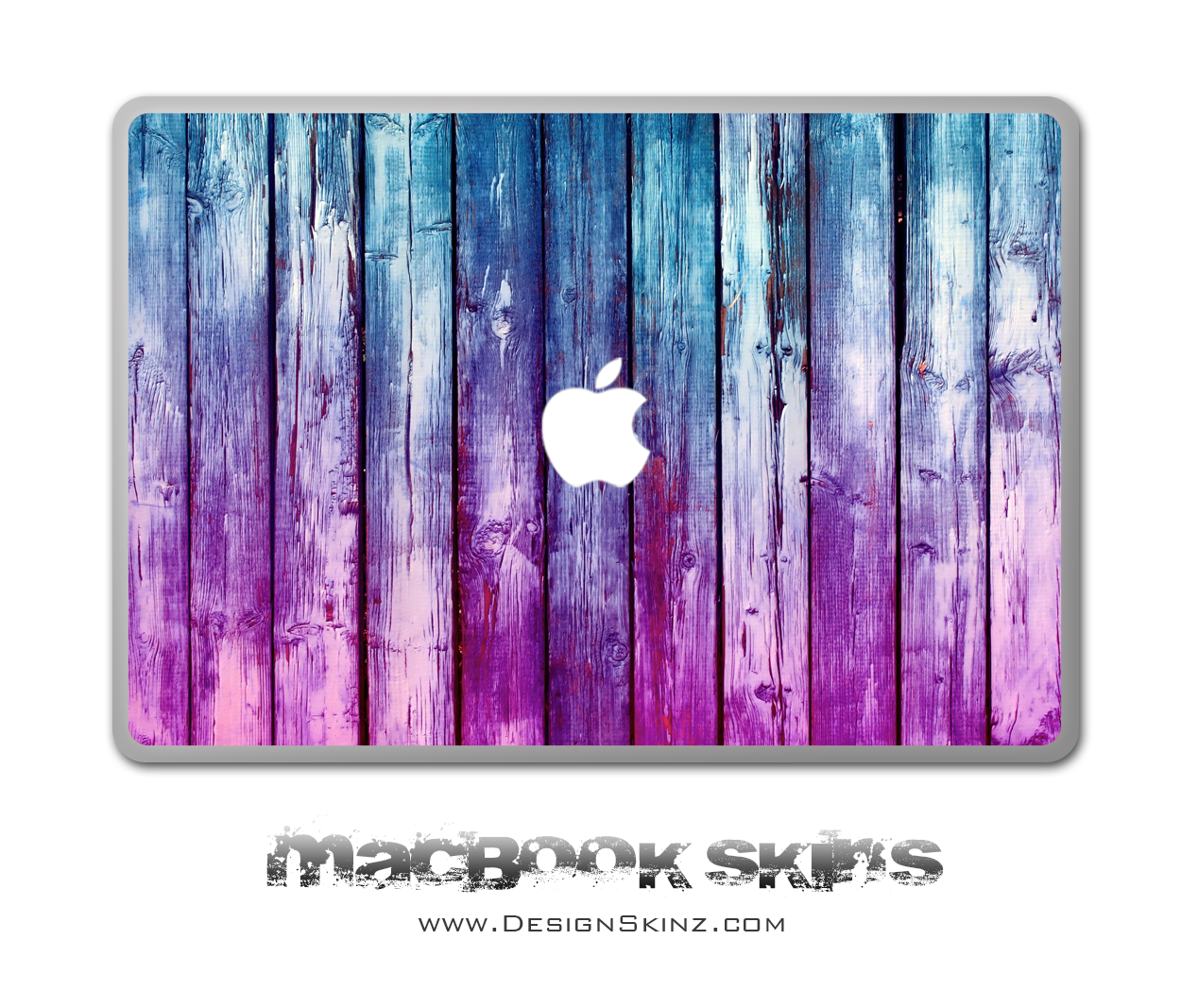 Blue and pink washed wood design MacBook skin with Apple logo cutout, showcasing a stylish and protective accessory.