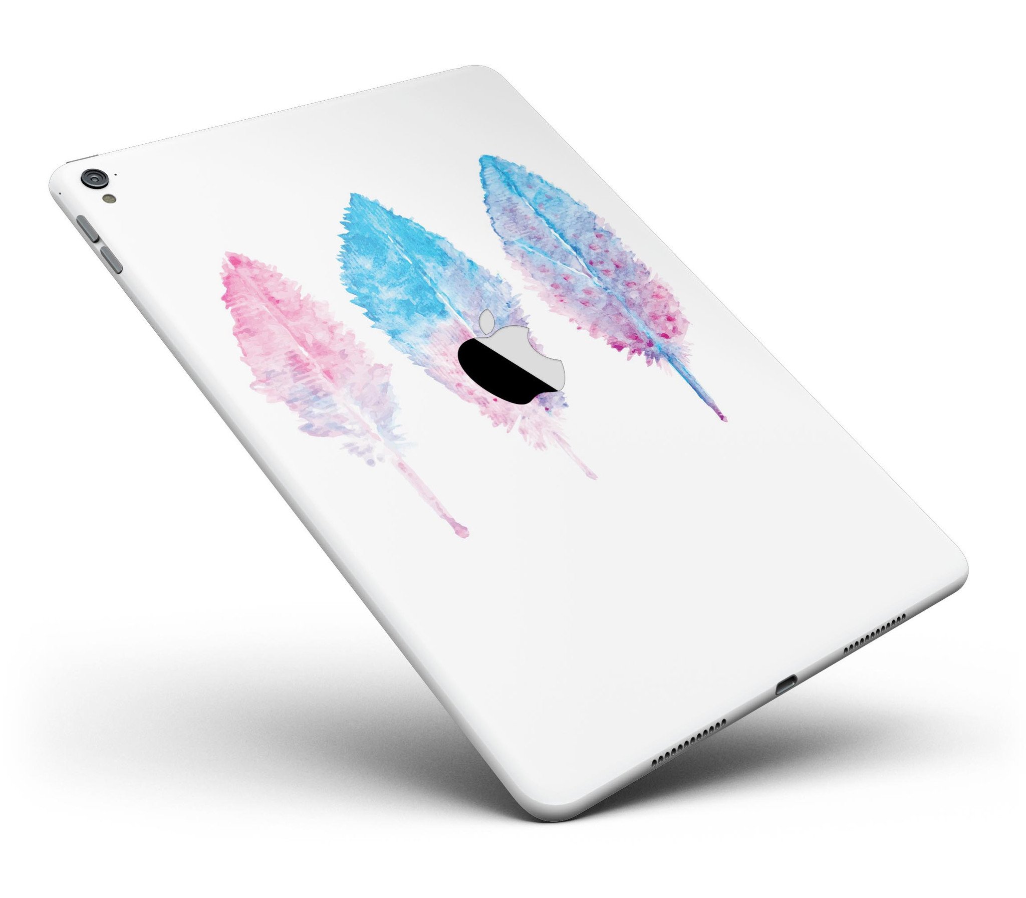 Blue and pink watercolor feathers full body skin for iPad Pro, showcasing vibrant colors and intricate feather designs.