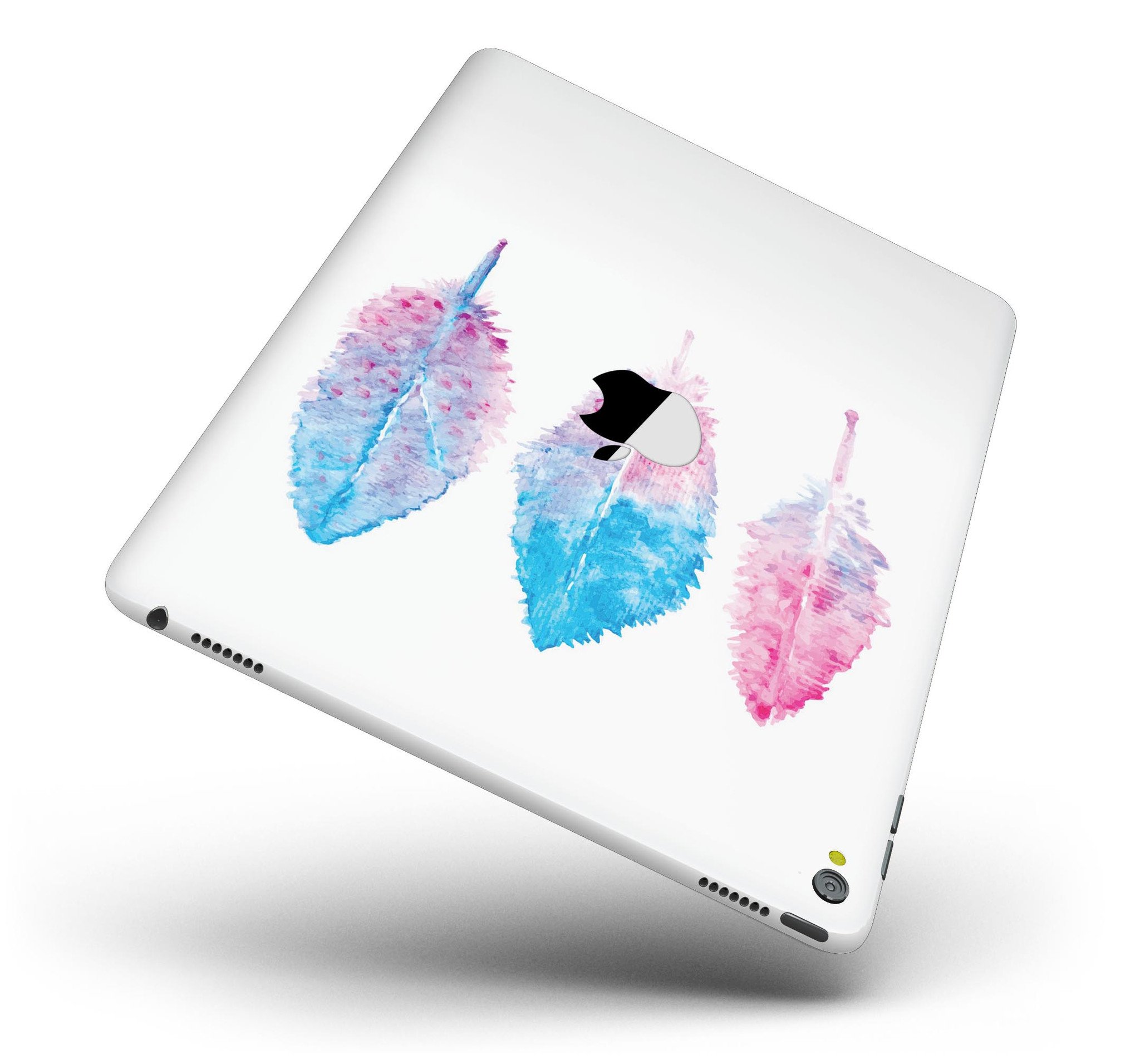 Blue and pink watercolor feathers full body skin for iPad Pro, showcasing vibrant colors and intricate feather designs.