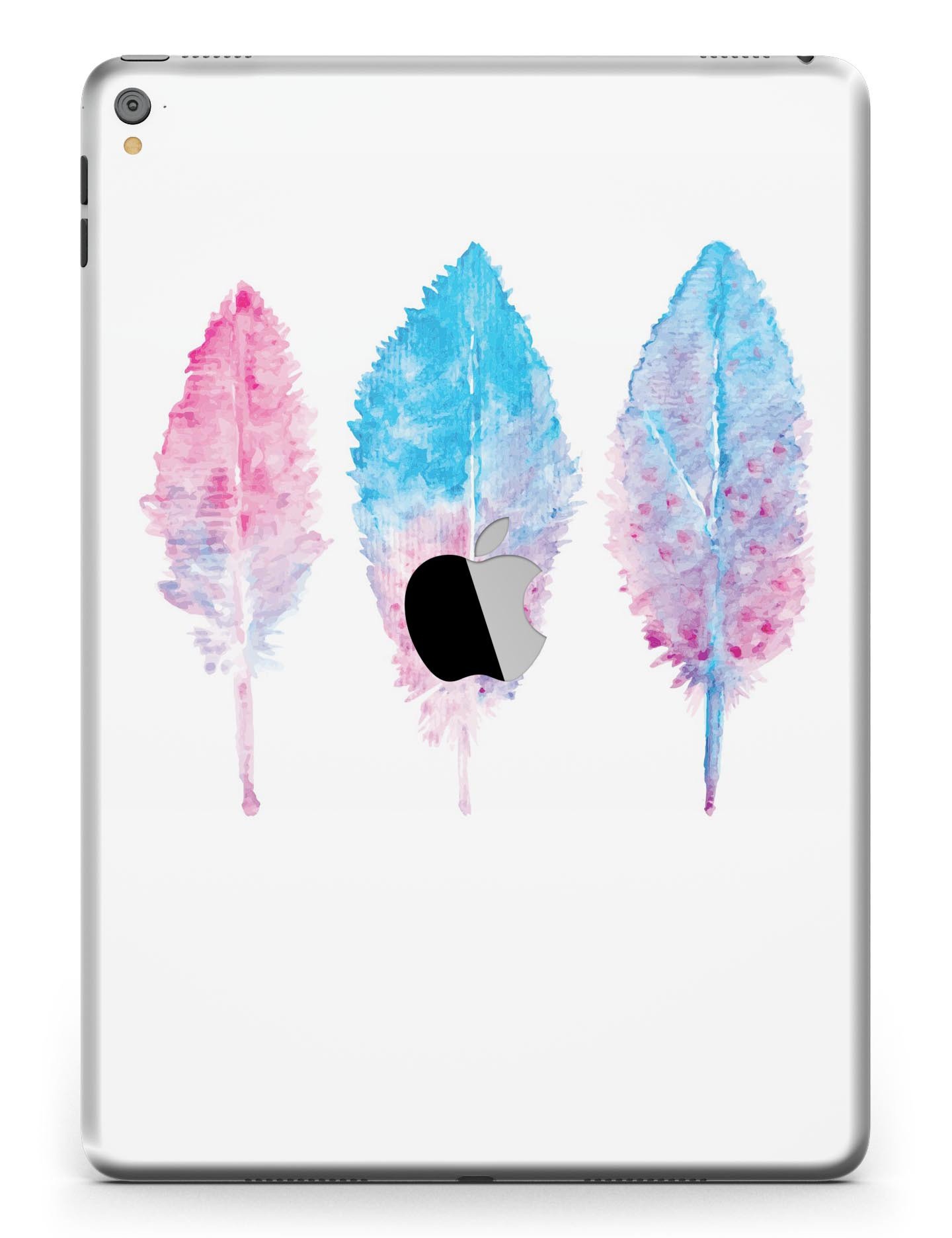 Blue and pink watercolor feathers full body skin for iPad Pro, showcasing vibrant colors and intricate feather designs.