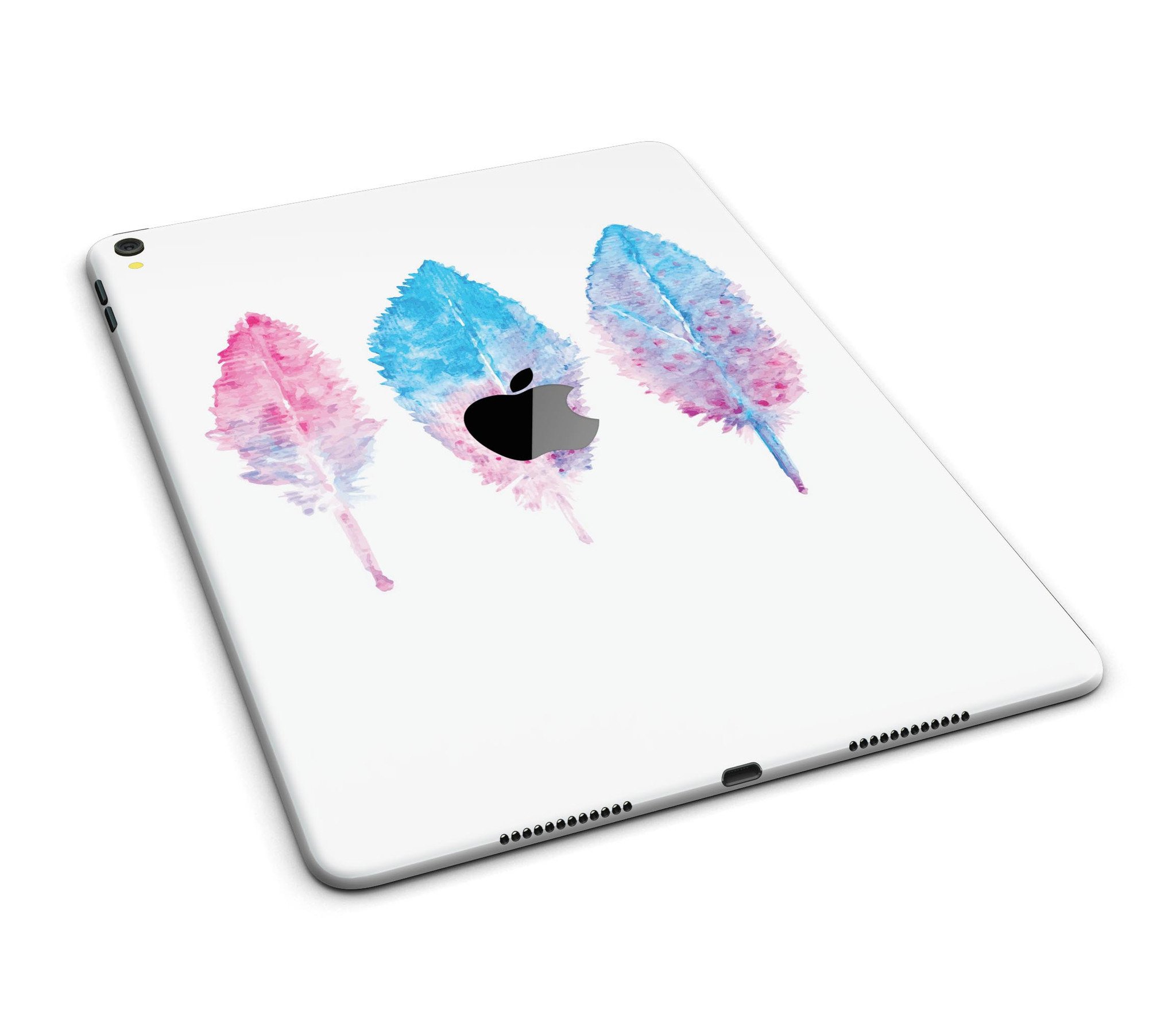 Blue and pink watercolor feathers full body skin for iPad Pro, showcasing vibrant colors and intricate feather designs.