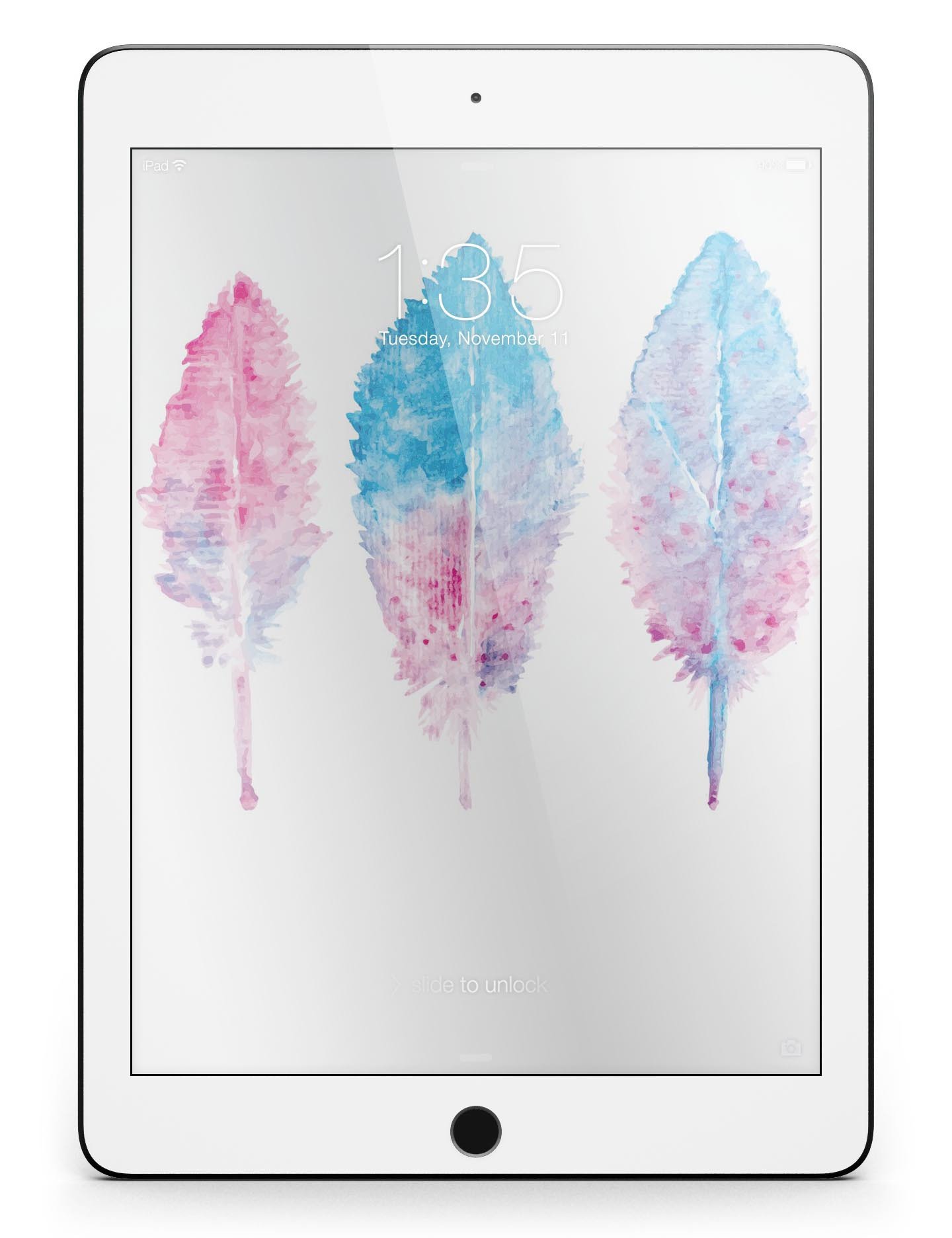 Blue and pink watercolor feathers full body skin for iPad Pro, showcasing vibrant colors and intricate feather designs.