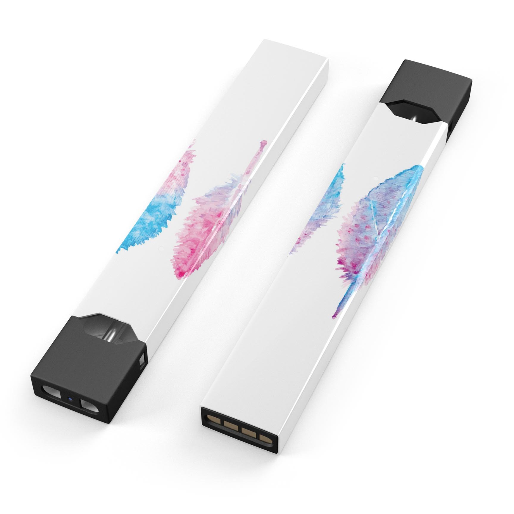 Blue and pink watercolor feather design skin-wrap for JUUL vaping device, showcasing vibrant colors and intricate patterns.