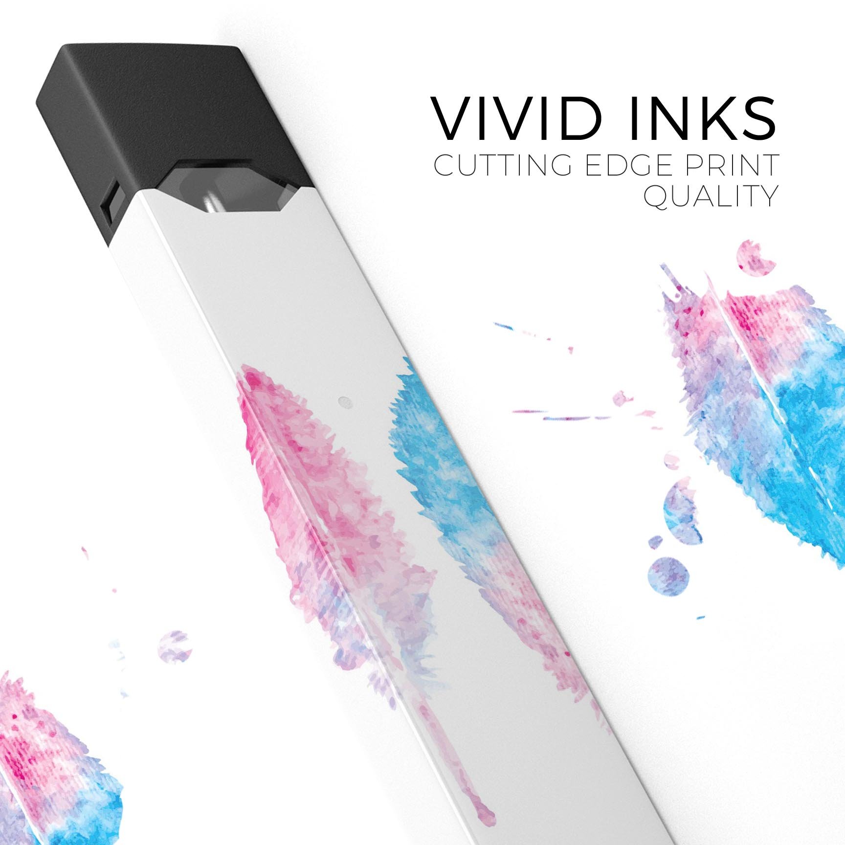 Blue and pink watercolor feather design skin-wrap for JUUL vaping device, showcasing vibrant colors and intricate patterns.