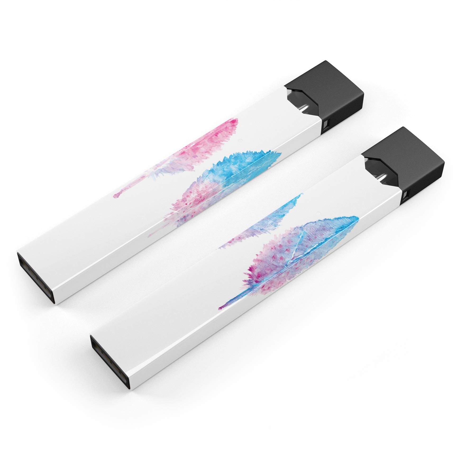 Blue and pink watercolor feather design skin-wrap for JUUL vaping device, showcasing vibrant colors and intricate patterns.