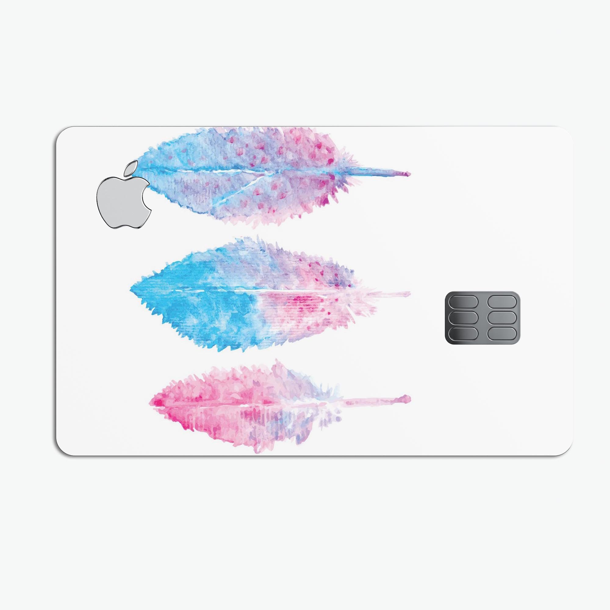 Blue and pink watercolor feathers design on a premium protective decal skin for Apple Card, showcasing vibrant colors and intricate patterns.