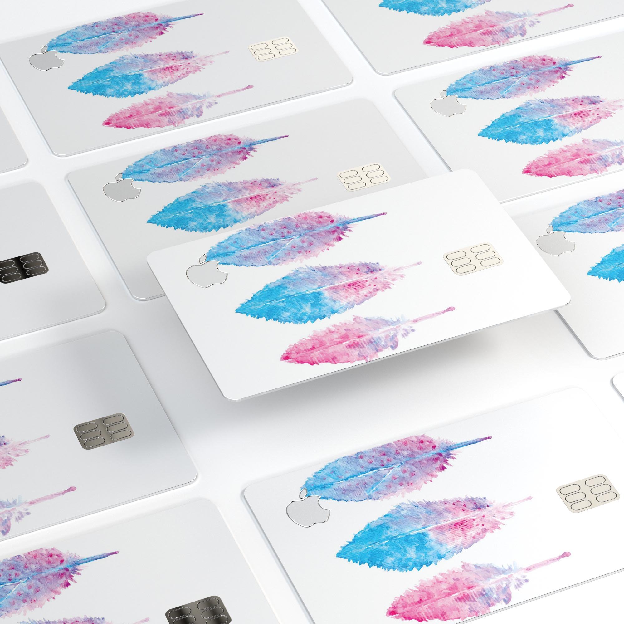 Blue and pink watercolor feathers design on a premium protective decal skin for Apple Card, showcasing vibrant colors and intricate patterns.