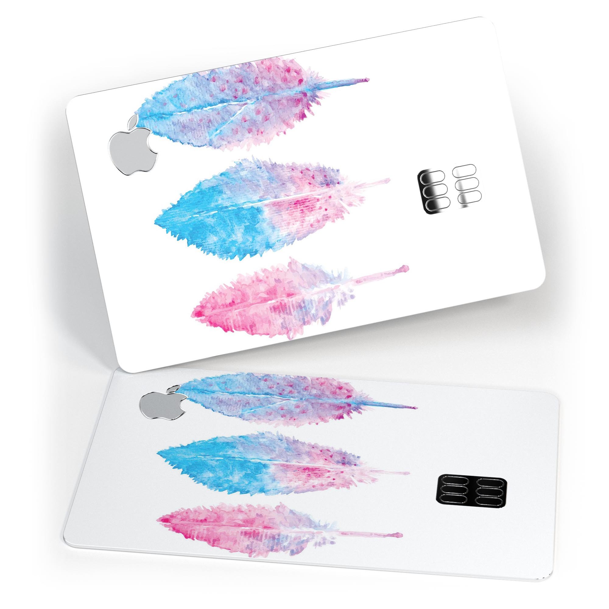 Blue and pink watercolor feathers design on a premium protective decal skin for Apple Card, showcasing vibrant colors and intricate patterns.