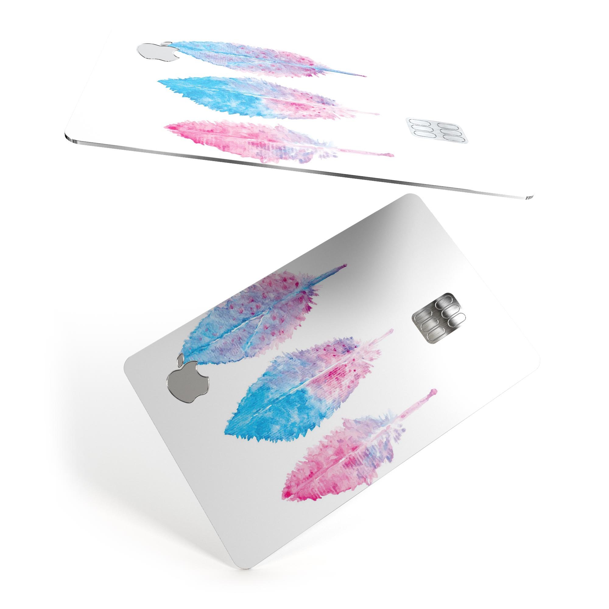 Blue and pink watercolor feathers design on a premium protective decal skin for Apple Card, showcasing vibrant colors and intricate patterns.