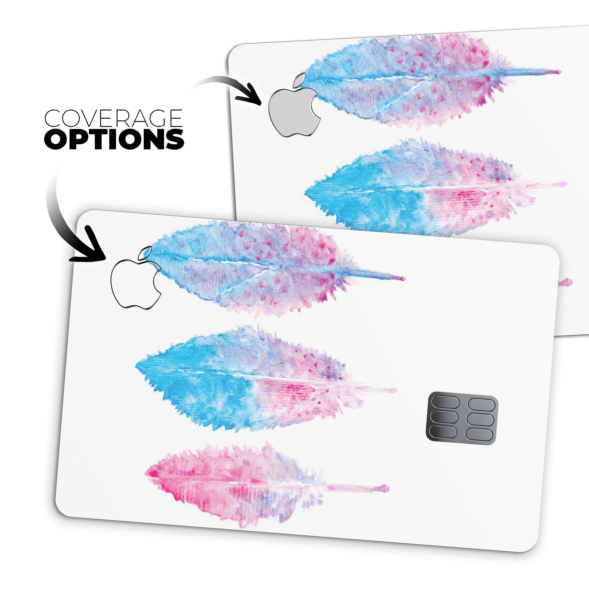 Blue and pink watercolor feathers design on a premium protective decal skin for Apple Card, showcasing vibrant colors and intricate patterns.