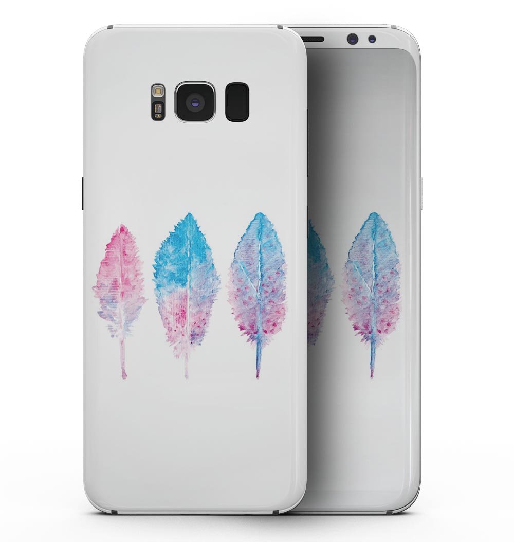 Samsung Galaxy S8 with Blue & Pink Watercolor Feathers skin, showcasing vibrant colors and artistic feather design.