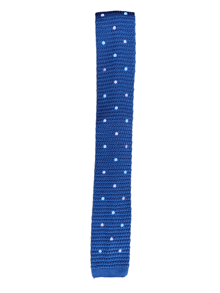 A stylish blue knitted tie featuring white and pink polka dots, perfect for formal and casual occasions.