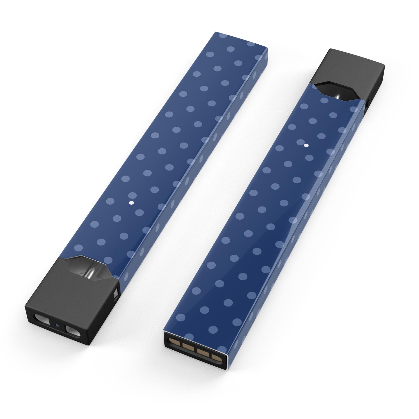 Blue polka dots skin-wrap on a JUUL vaping device, showcasing a stylish navy background.